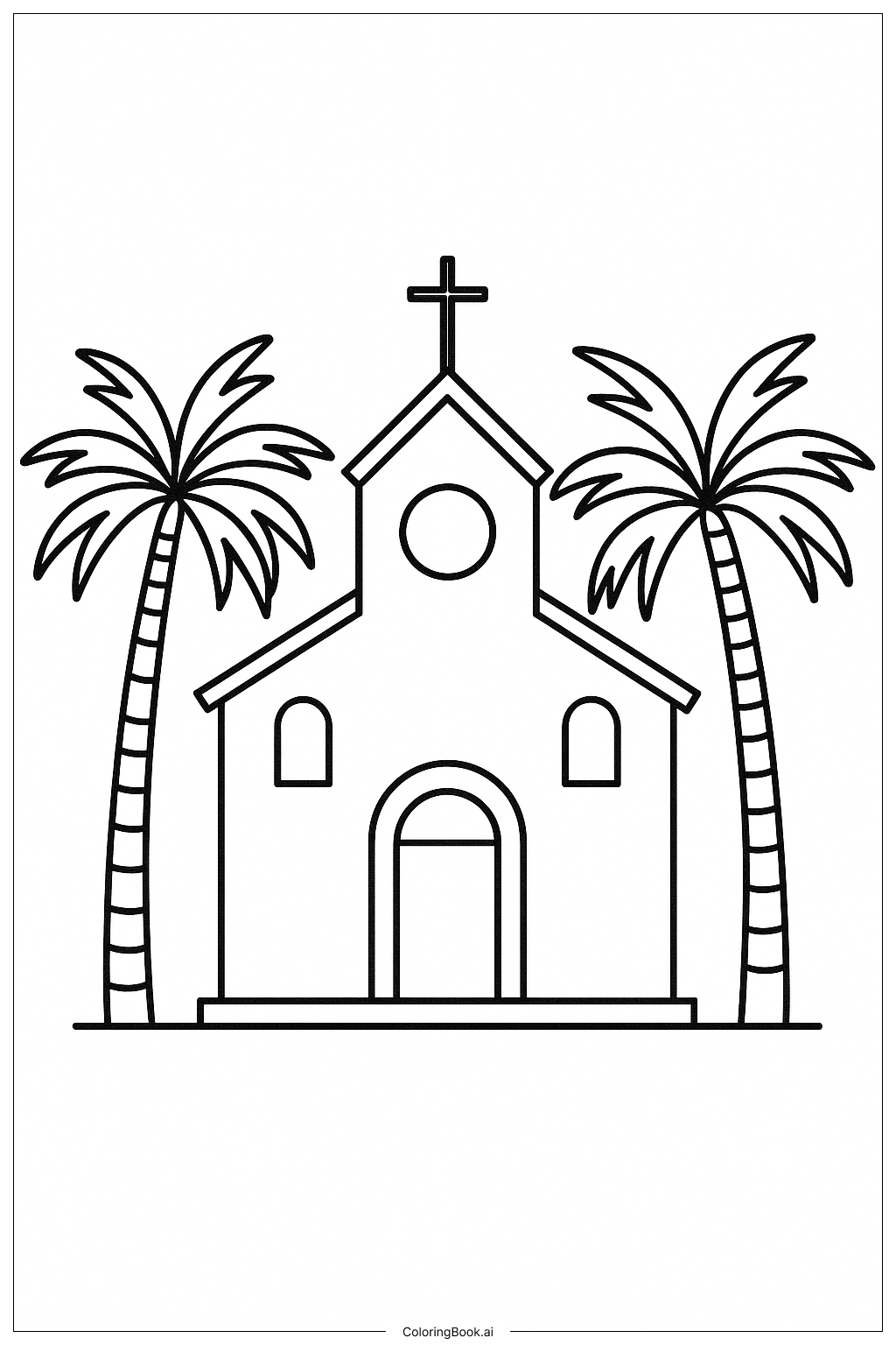  Page de coloriage Église du Dimanche des Rameaux avec des Palmiers 