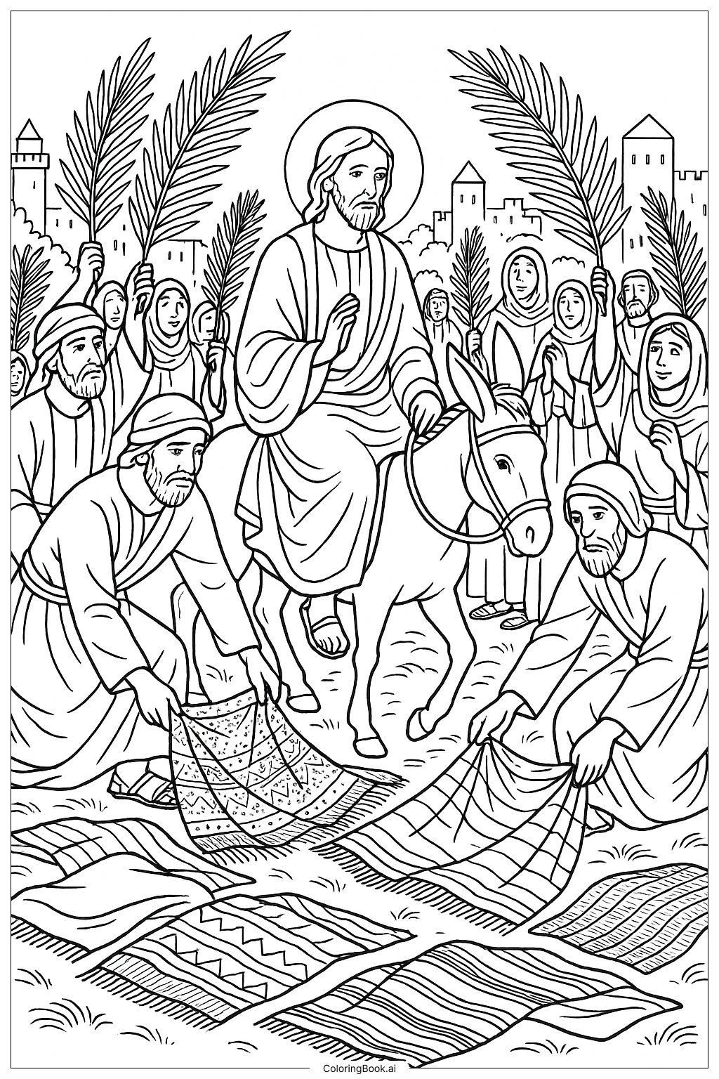  棕枝主日上午群众铺袍迎接填色页 