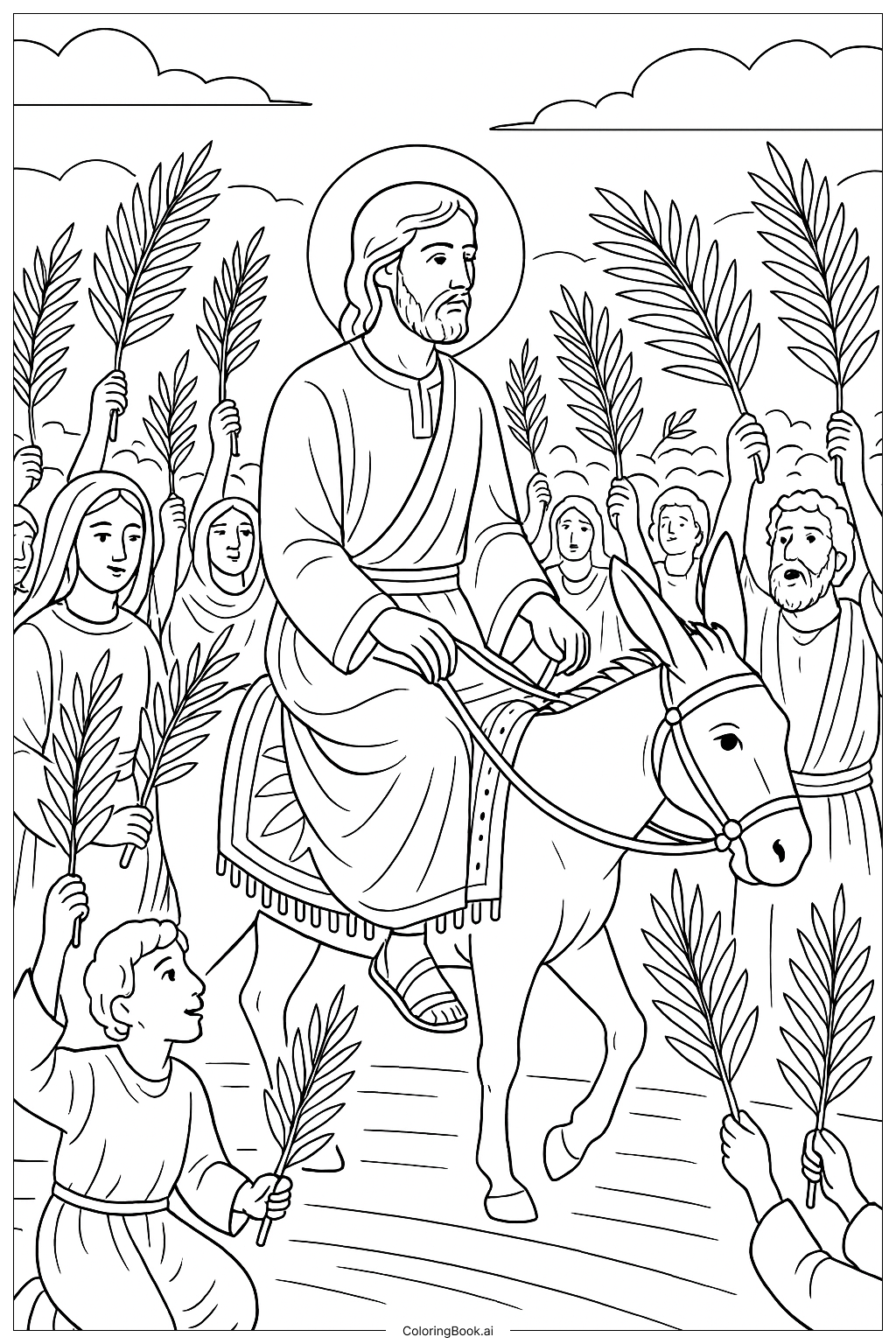  Página para colorir de Passeio de Domingo de Ramos com multidão 