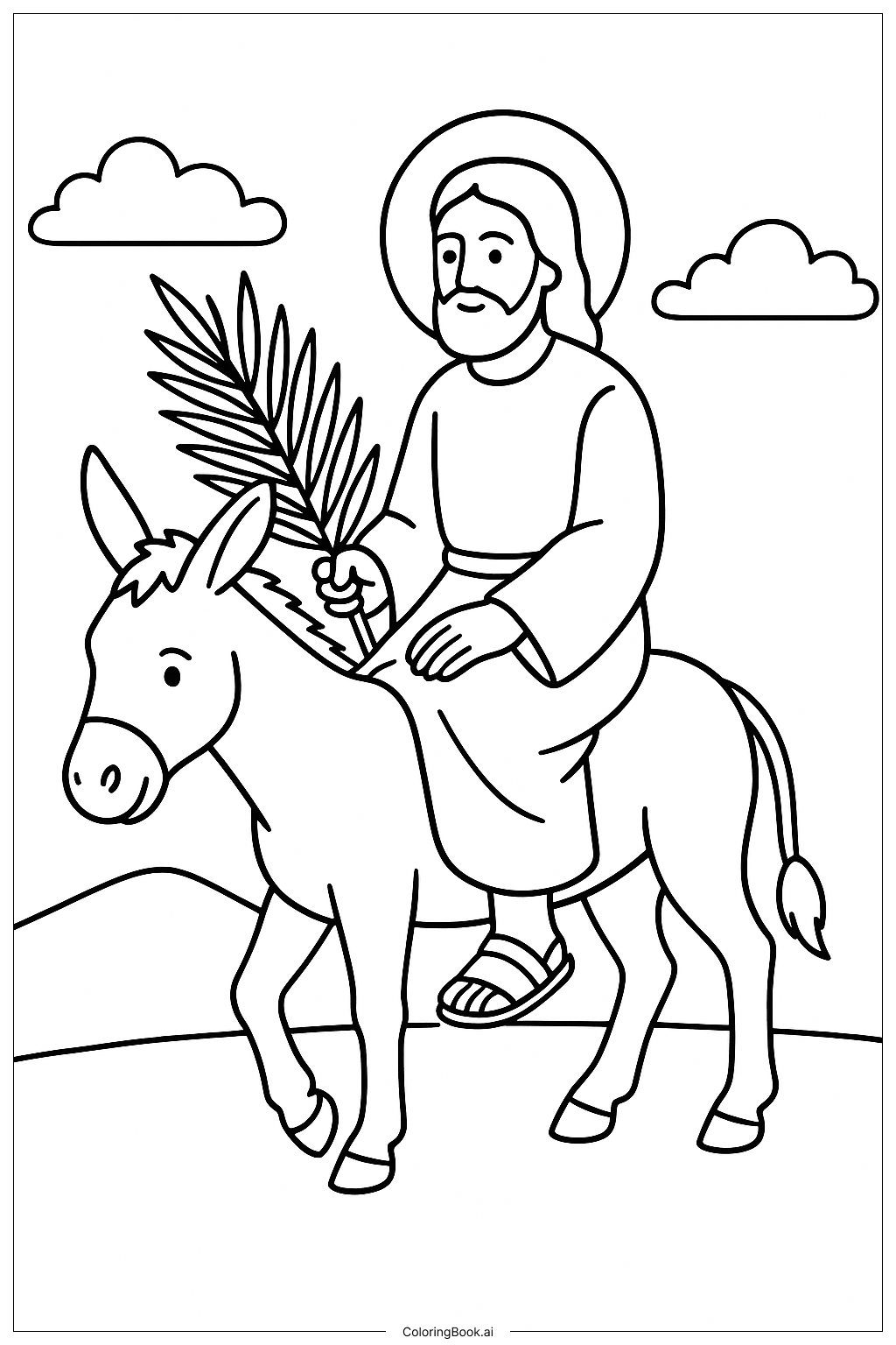  Page de coloriage Âne du dimanche des Rameaux avec cavalier 