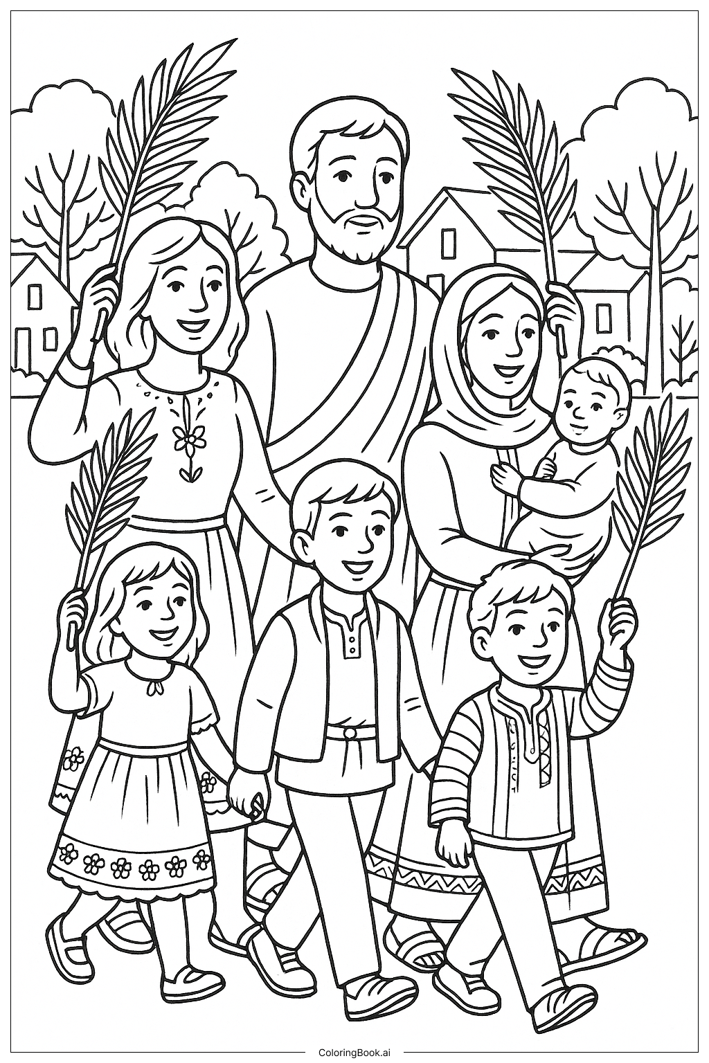 Trang tô màu Diễu hành Gia đình Chủ nhật Lễ Lá