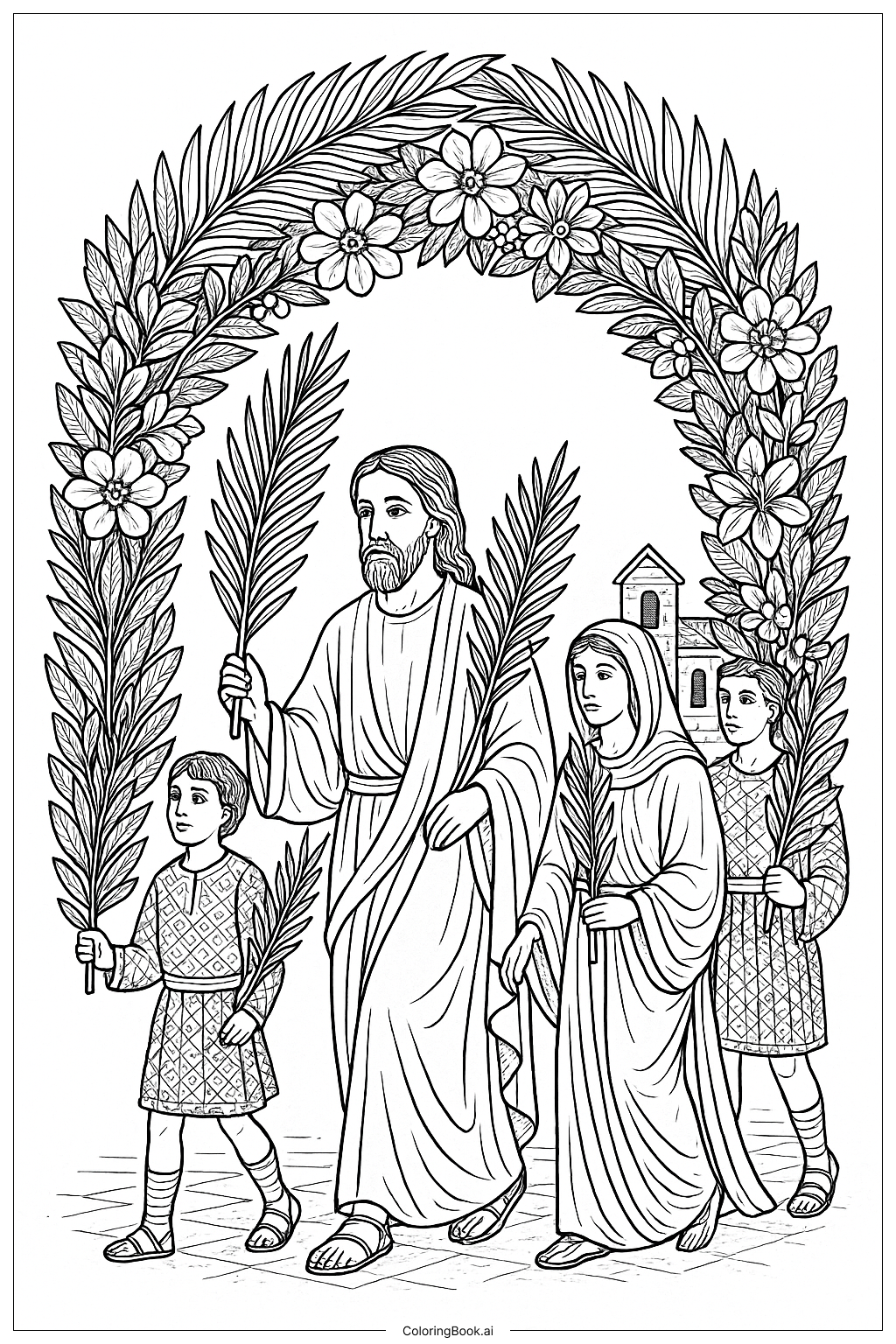  Página para colorir de Arco Floral de Palma do Domingo de Ramos 