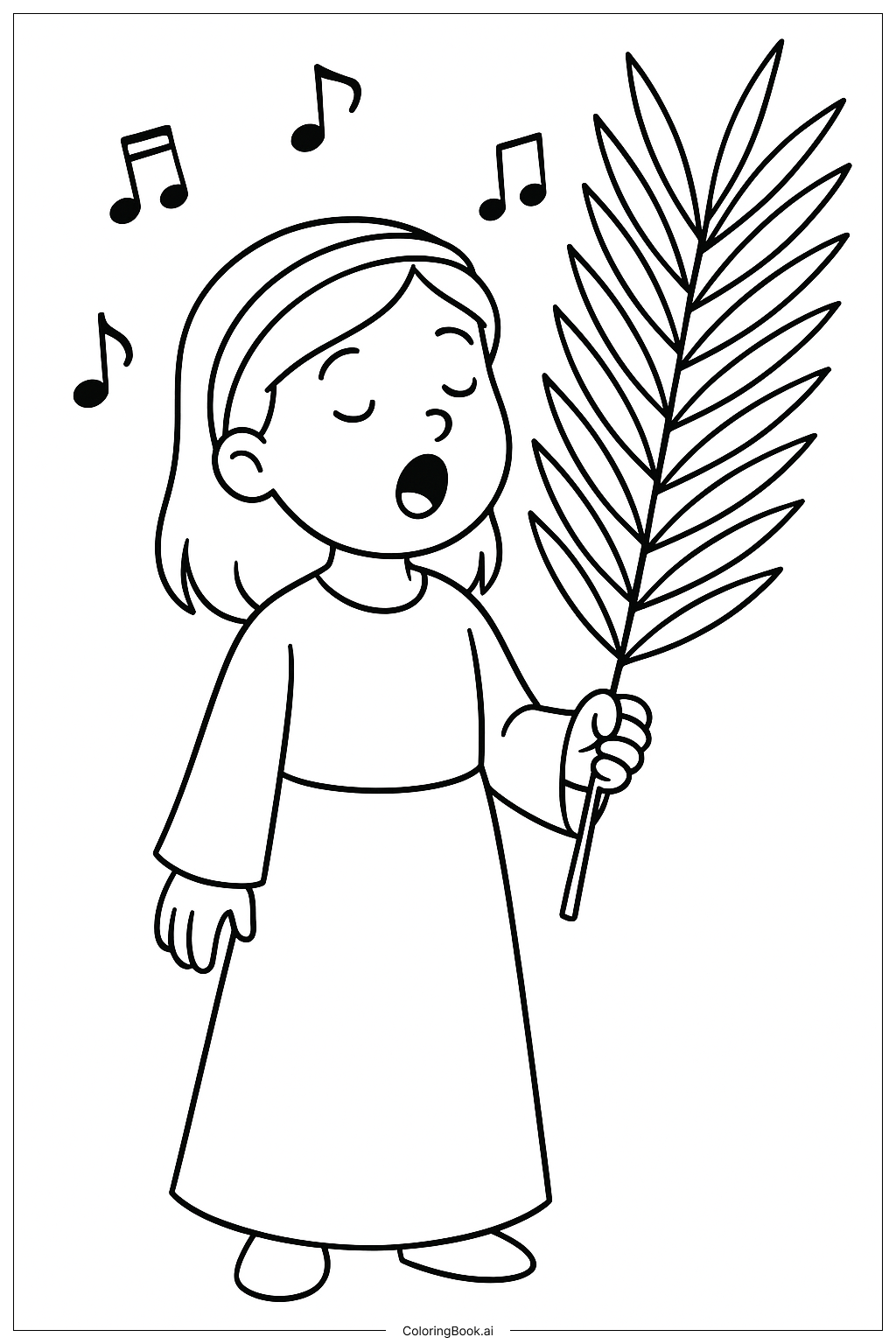 Palm Sunday Girl Singing With Palm Coloring Page