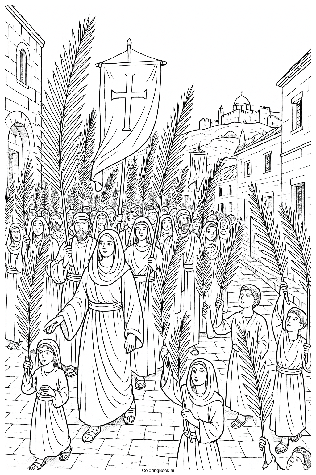  Página para colorir de Procissão de Domingo de Ramos pelas Ruas de Jerusalém 