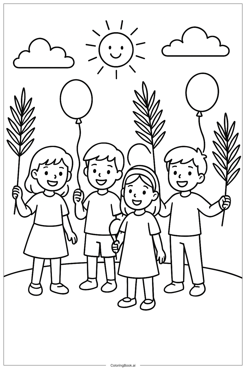 종려주일 아이들, 종려나무 가지와 풍선과 함께 색칠공부 페이지