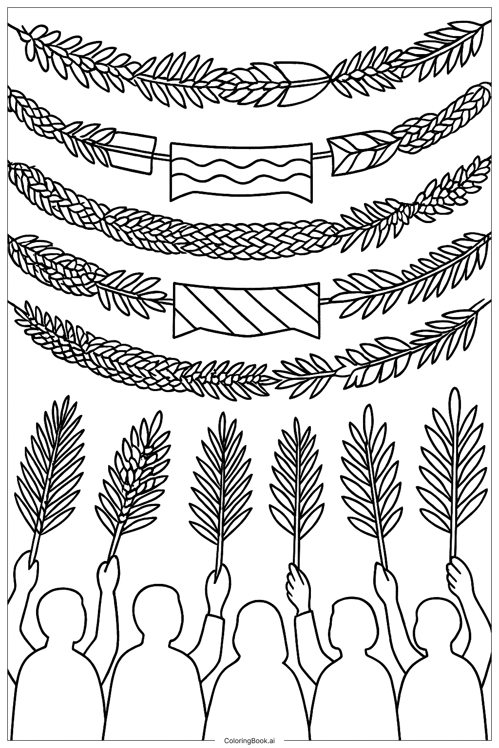 Trang tô màu Ngày Chủ Nhật Lễ Lá Vòng Hoa Và Biểu Ngữ