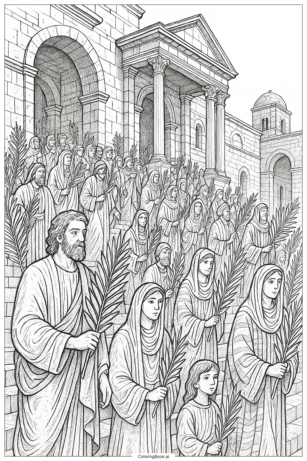  Página para colorir de Degraus do Templo no Domingo de Ramos com Fiéis 