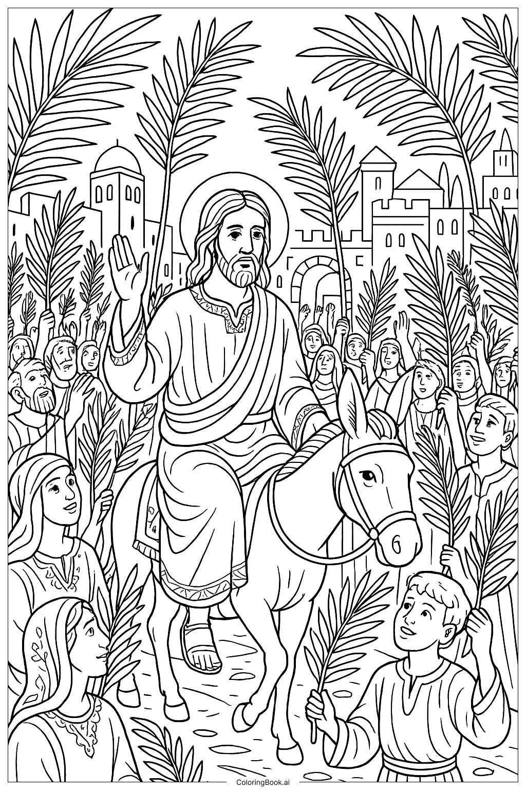  Página para colorir de Cena da Entrada Triunfal no Domingo de Ramos 