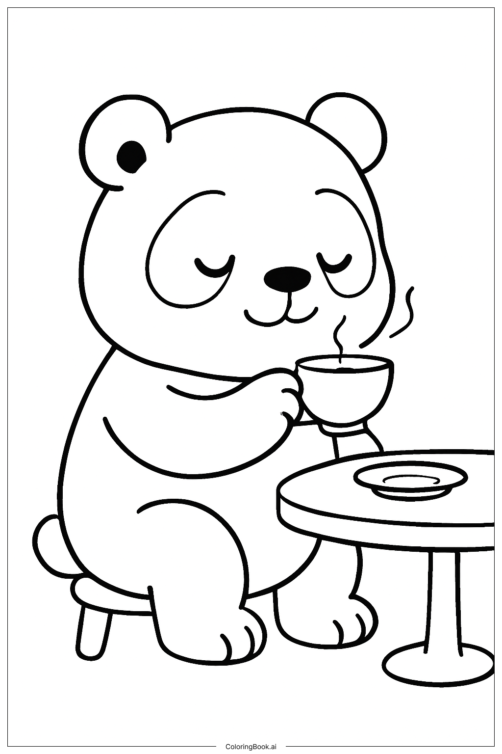  Page de coloriage Panda buvant du thé 