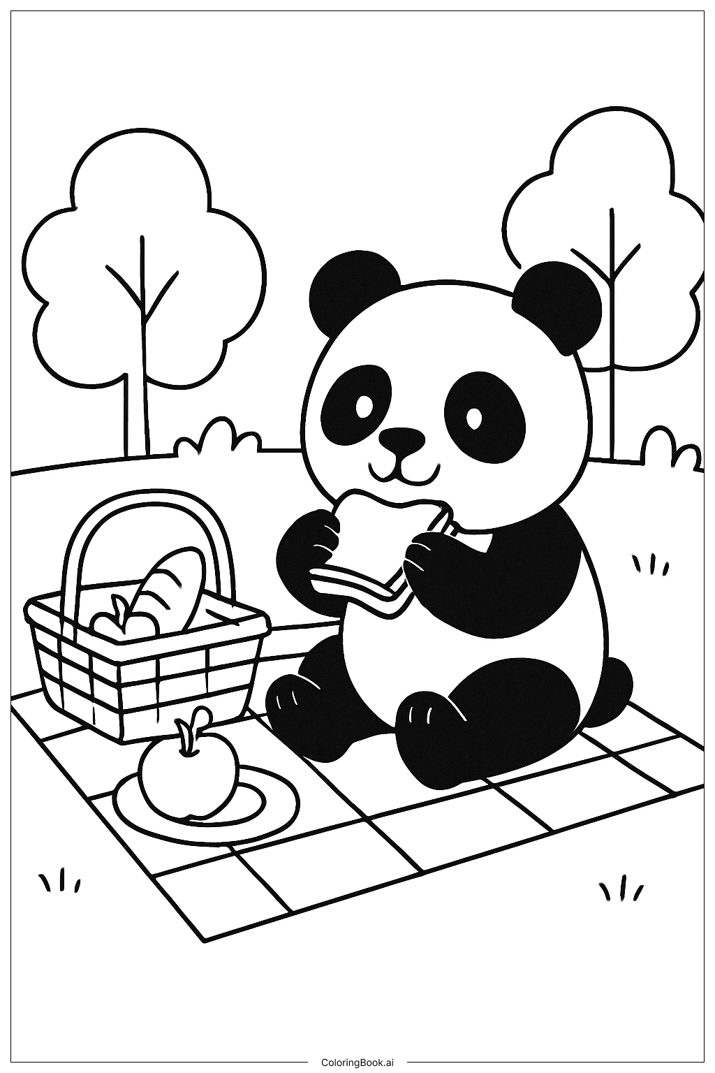  Page de coloriage Scène de pique-nique avec un panda 