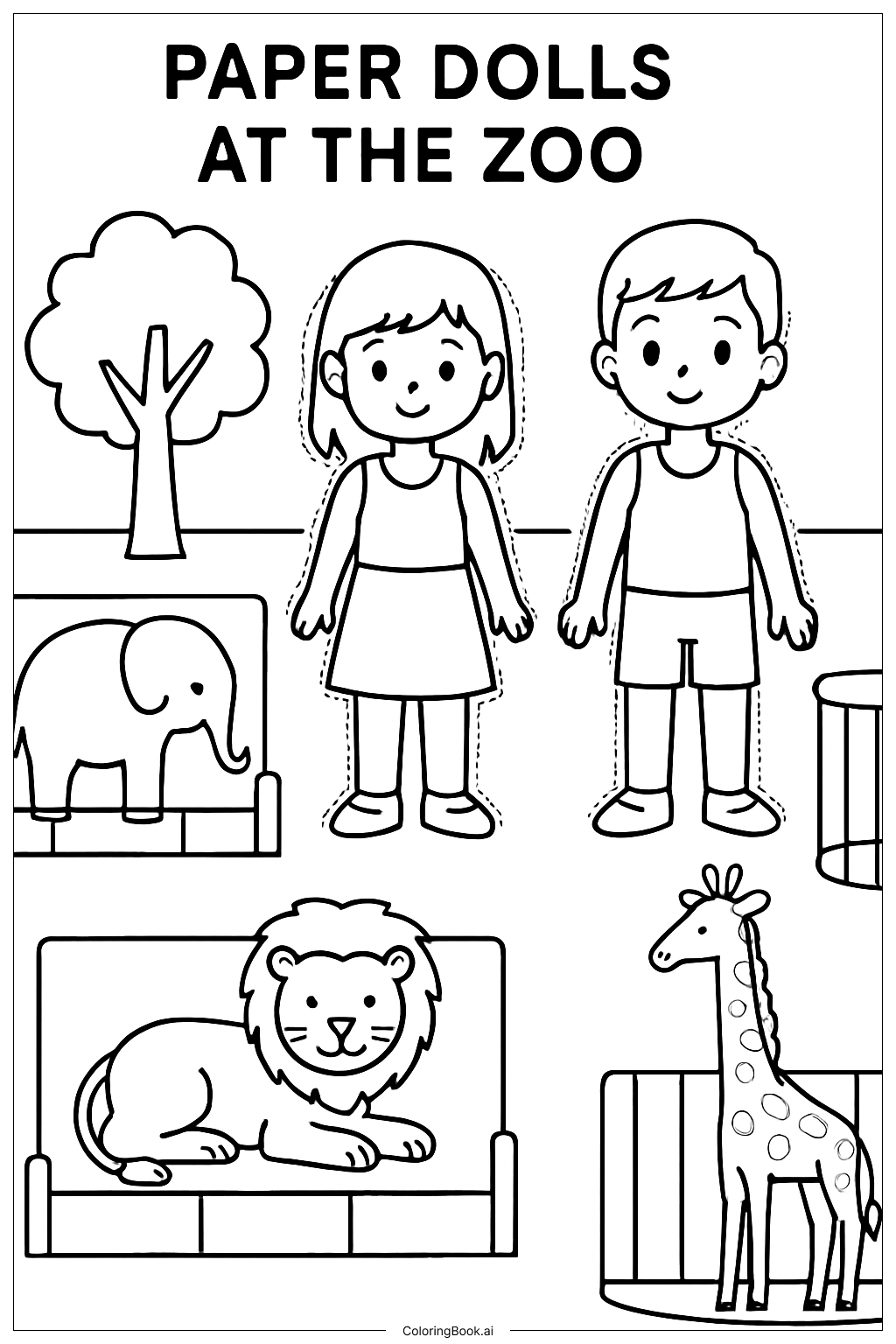  Paper Dolls At The Zoo Coloring Page 