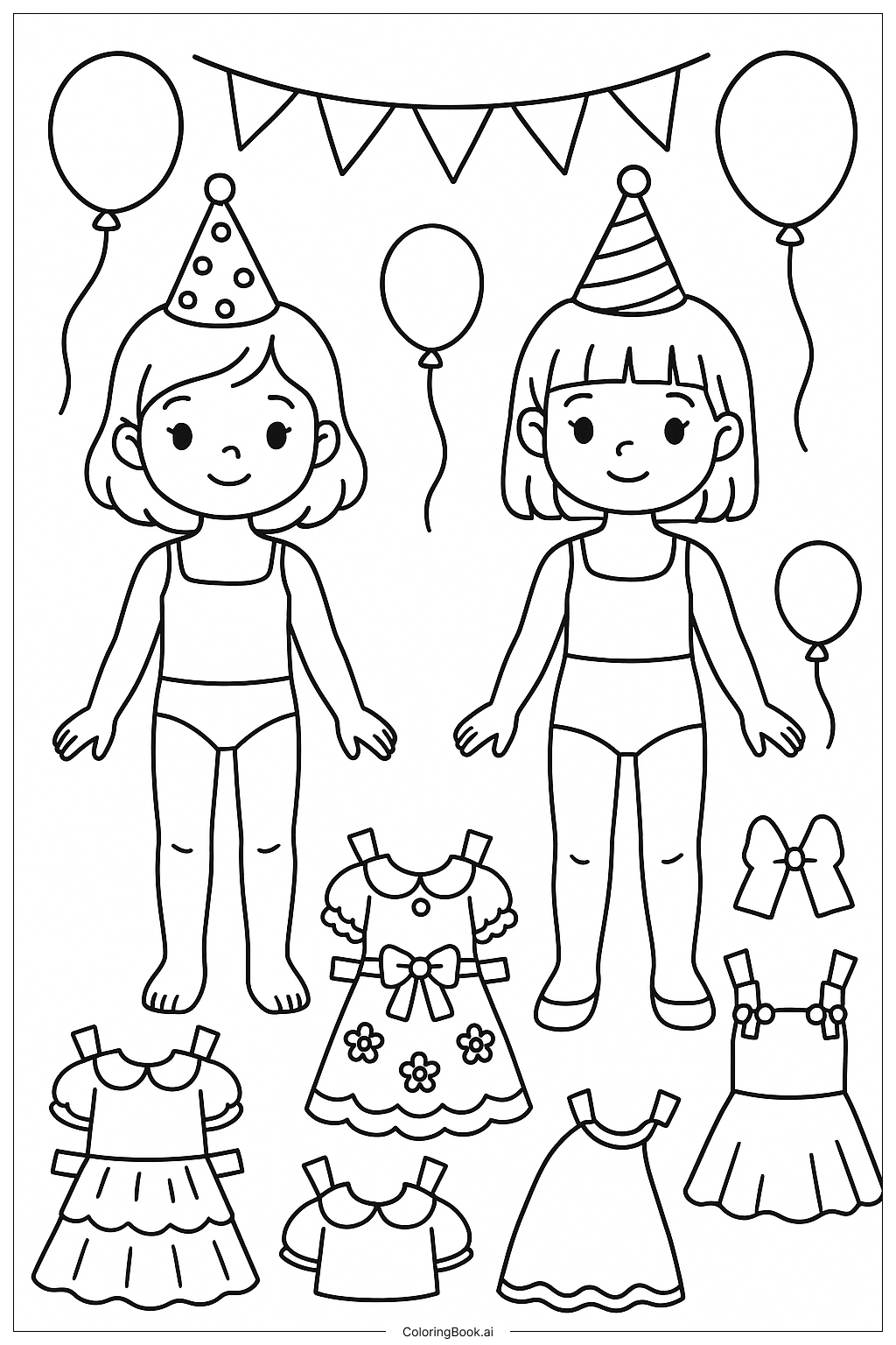  Paper Dolls Birthday Party Dress Up Coloring Page 