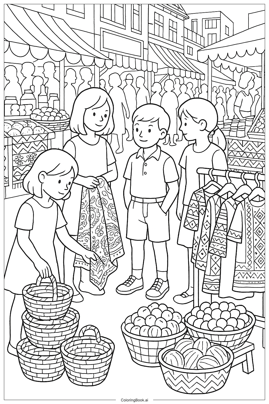  Página para colorir de Bonecas de Papel na Rua Movimentada do Mercado 