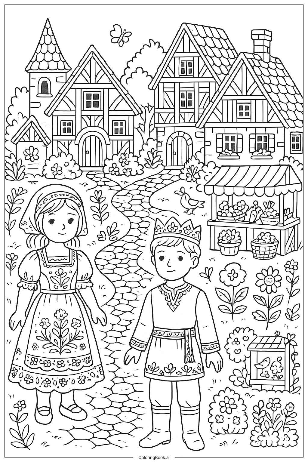  Papierpuppen Märchendorf Ausmalseite 