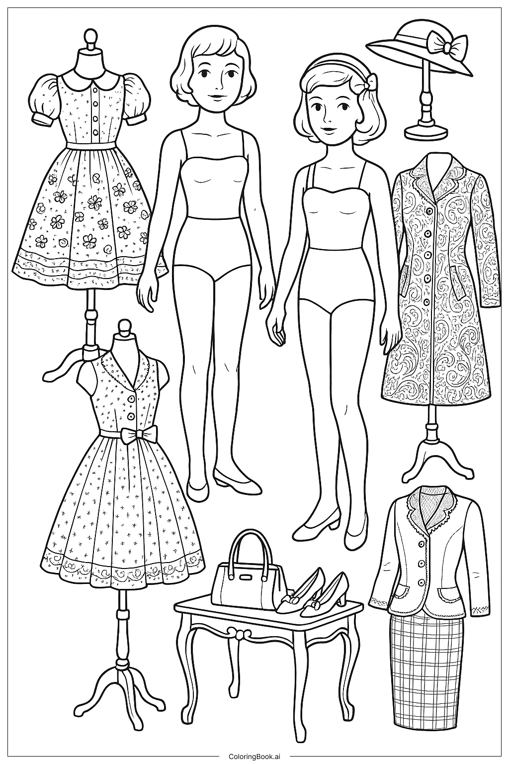  Page de coloriage Collection de Papier Poupées Mode Rétro 
