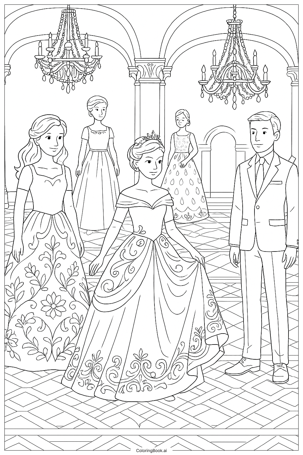  Página para colorir de Baile Real de Bonecas de Papel 