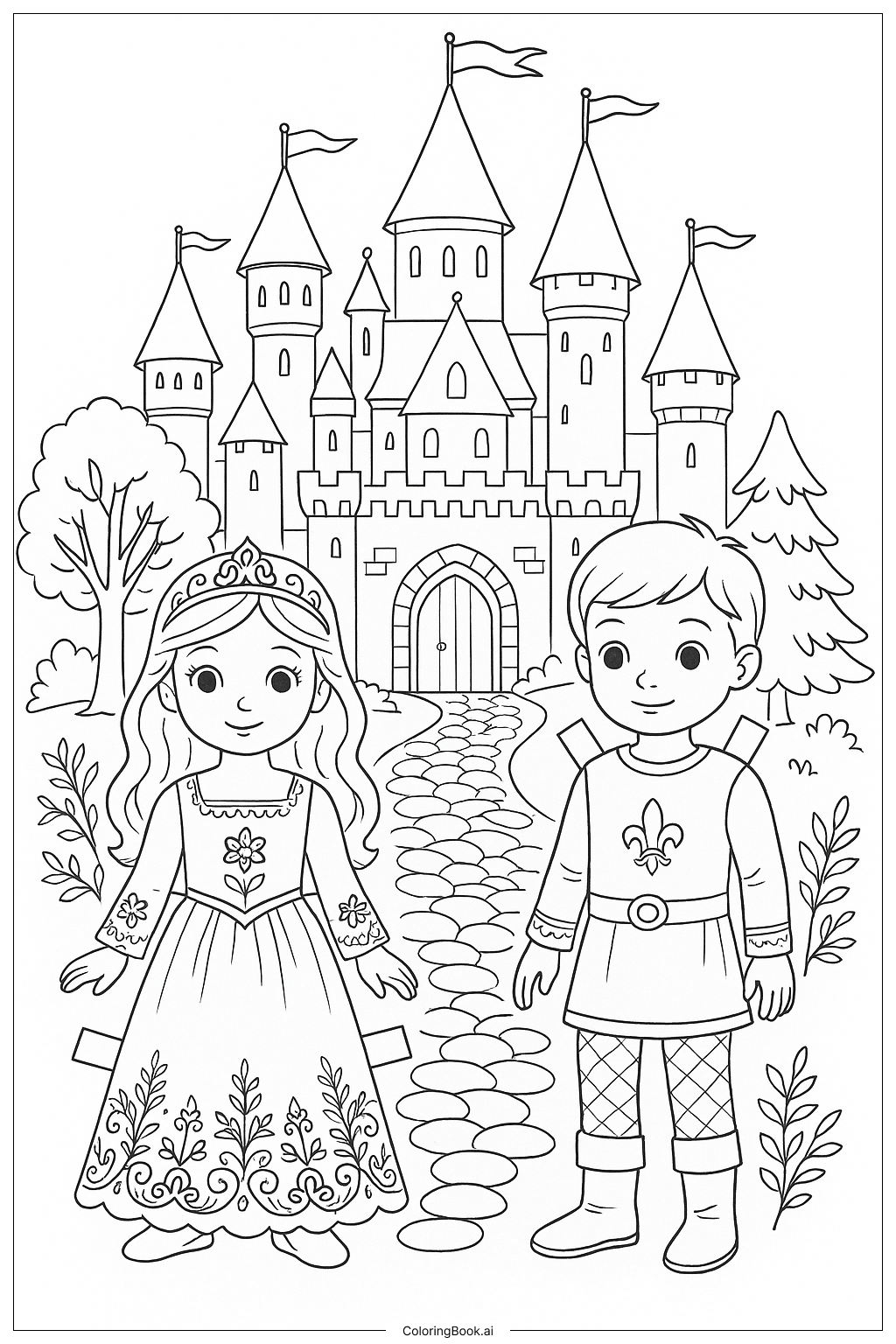  Página para colorir de Castelo do Livro de Histórias de Bonecas de Papel 
