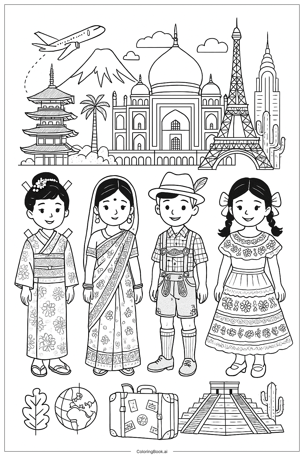  Papierpuppen Weltreise Szenen Ausmalseite 