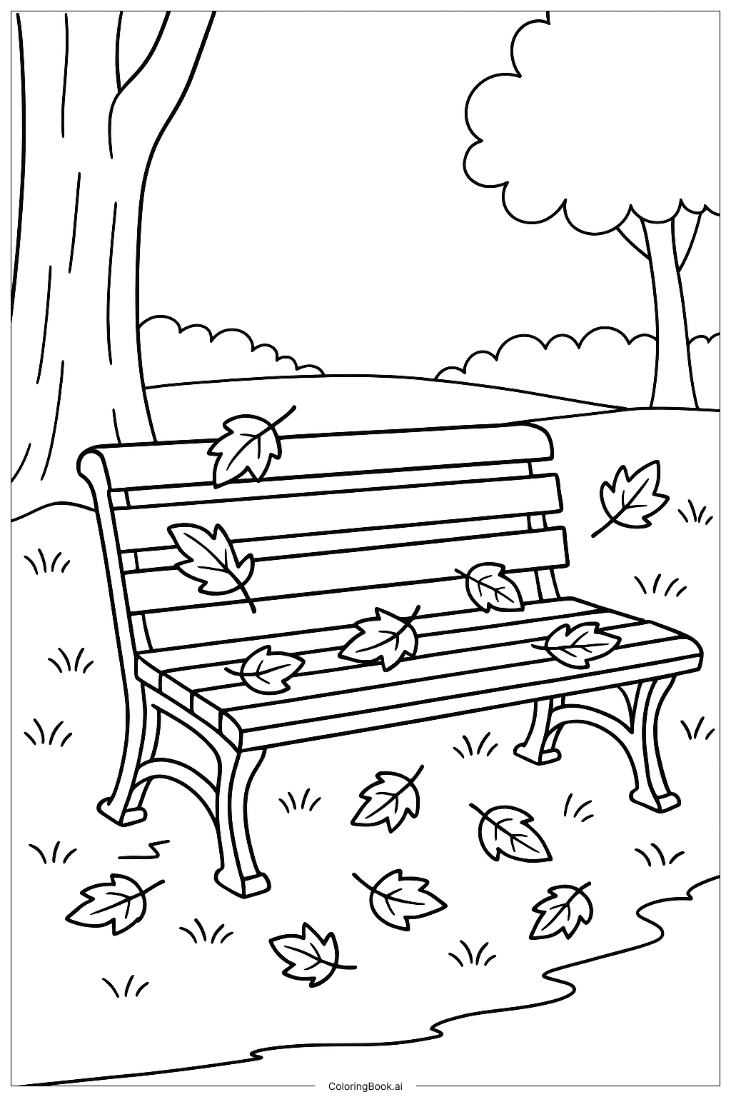 Página para colorir de Banco de Parque Folhas de Outono