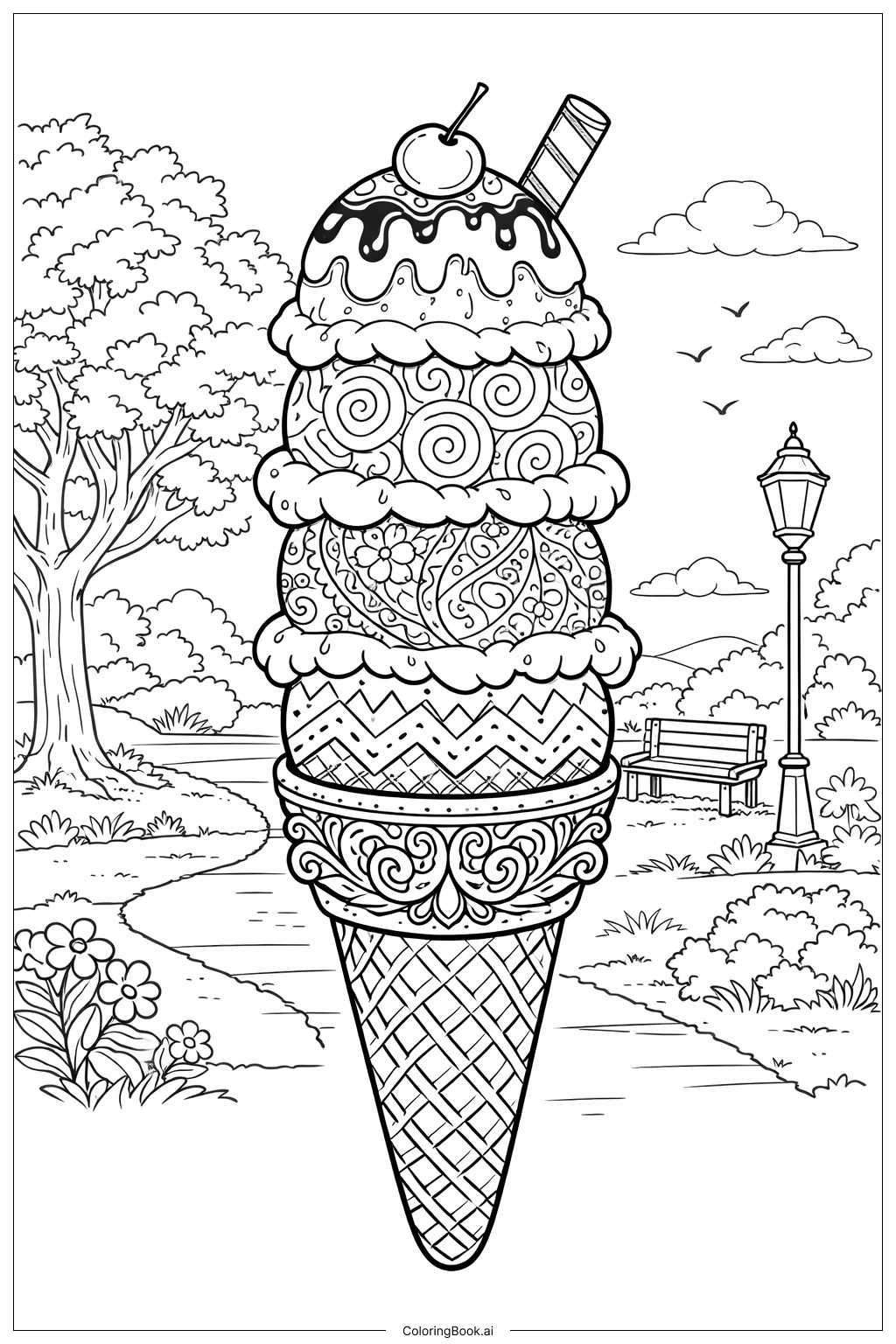  Página para colorir de Cenário do Parque com Casquinha de Sorvete 