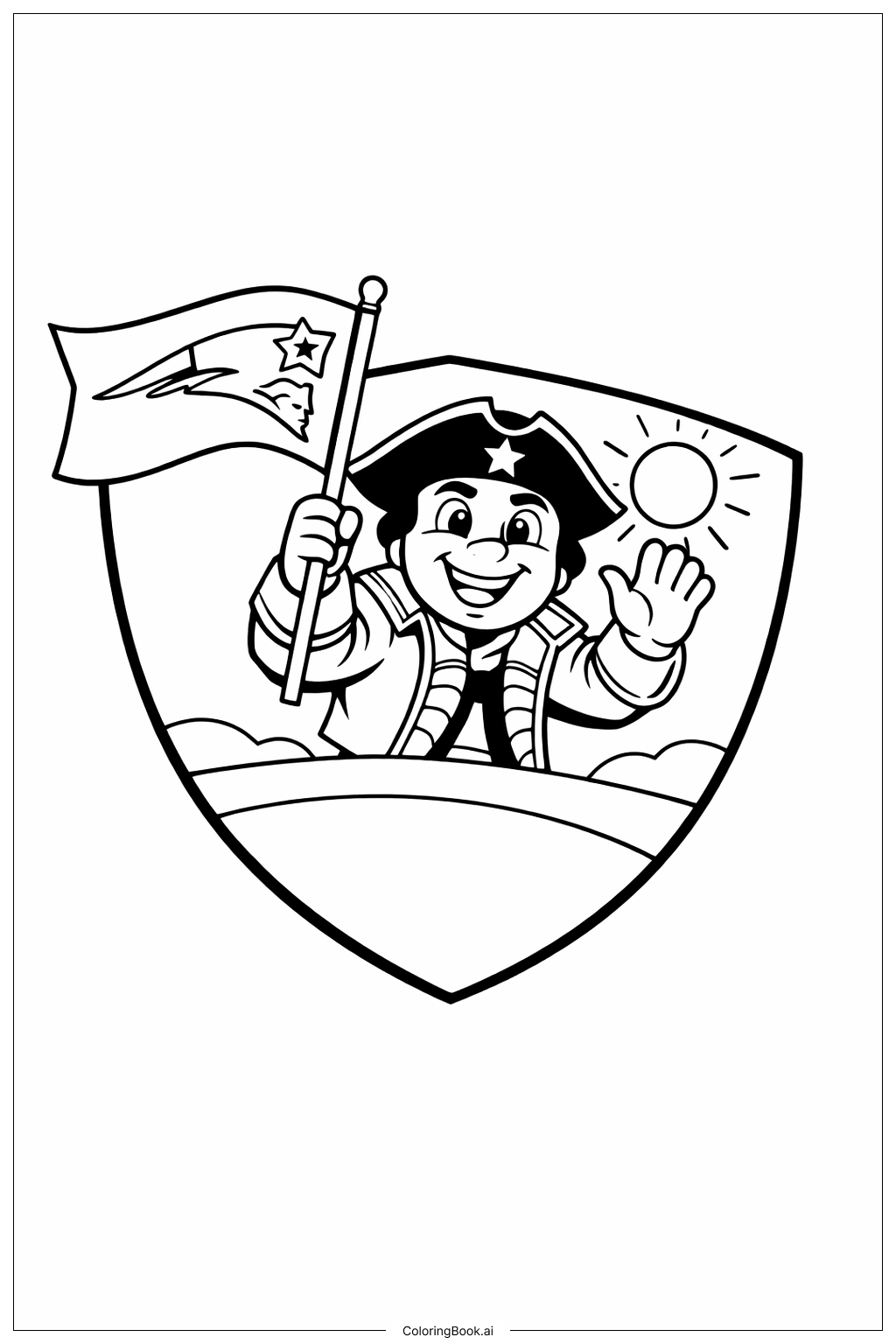  Página para colorir de Mascote do Logo dos Patriotas Acenando com Bandeira 