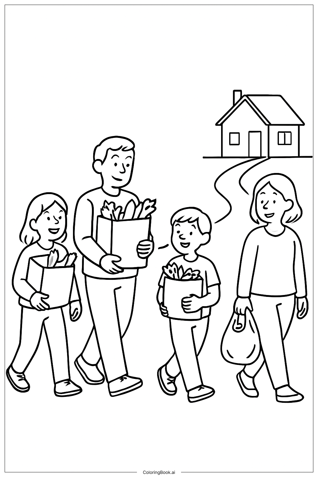  장보기 가방을 들고 집에 오는 사람들 색칠공부 페이지 