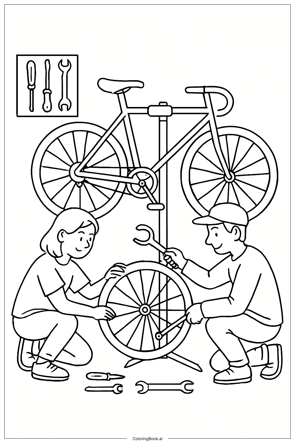  Page de coloriage Personnes réparant un vélo ensemble 