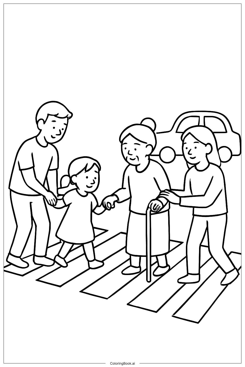  서로 도우며 길을 건너는 사람들 색칠공부 페이지 