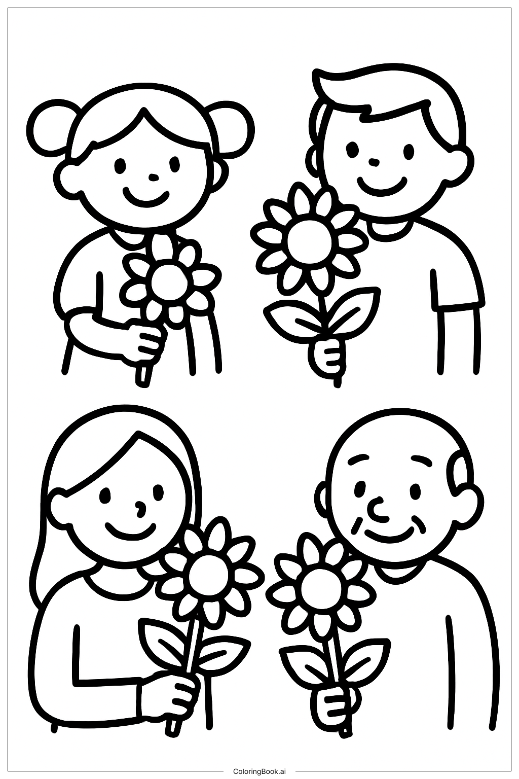  拿着向日葵的人们填色页 