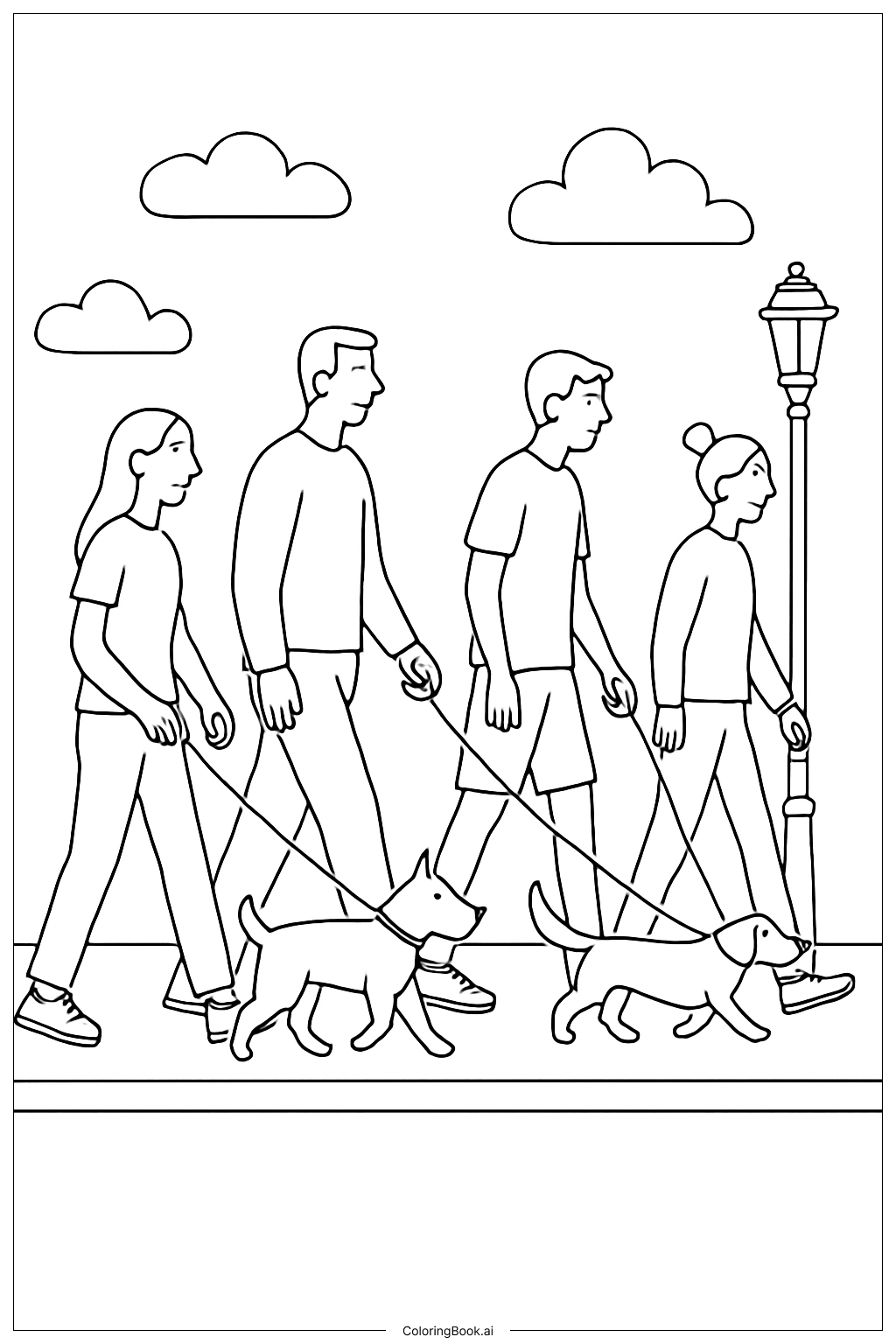  人们在街道上遛狗填色页 