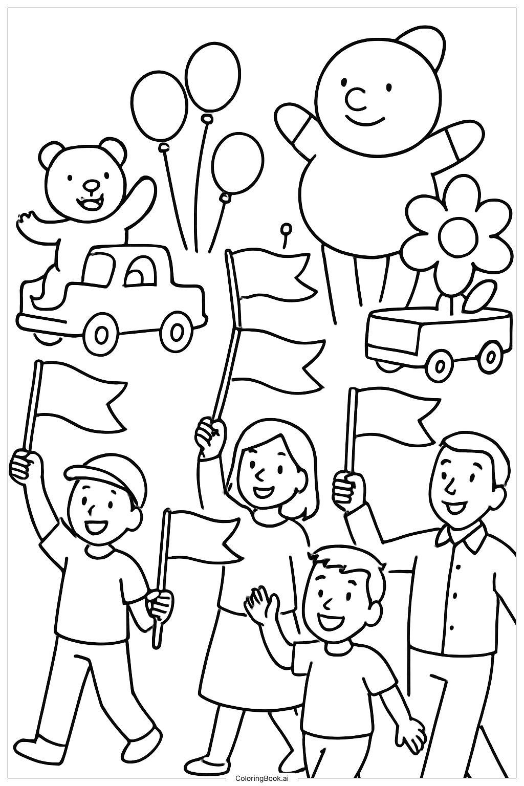  Page de coloriage Personnes brandissant des drapeaux lors d'un défilé 