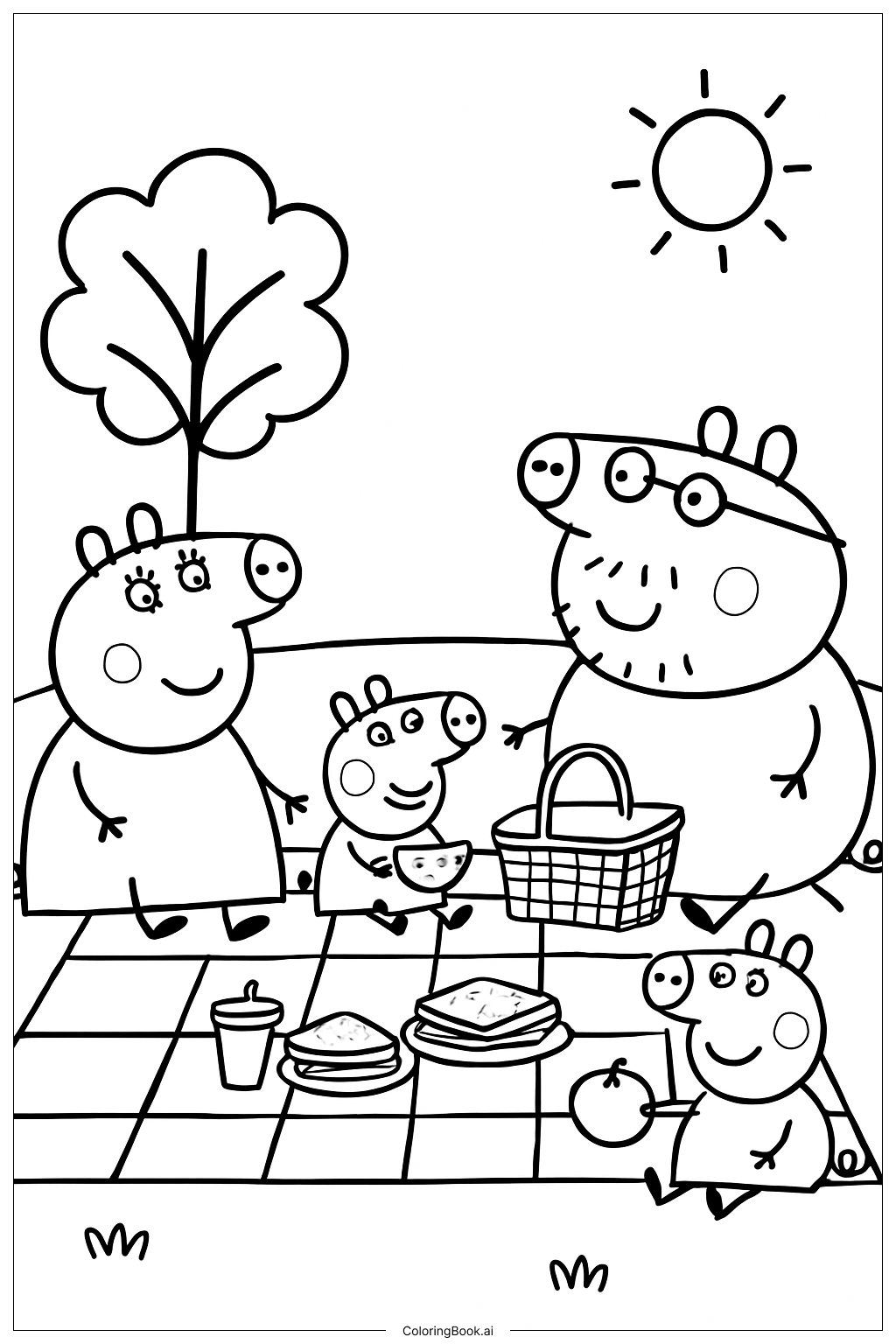  ペッパピッグの家族ピクニックアウトドアの塗り絵ページ 