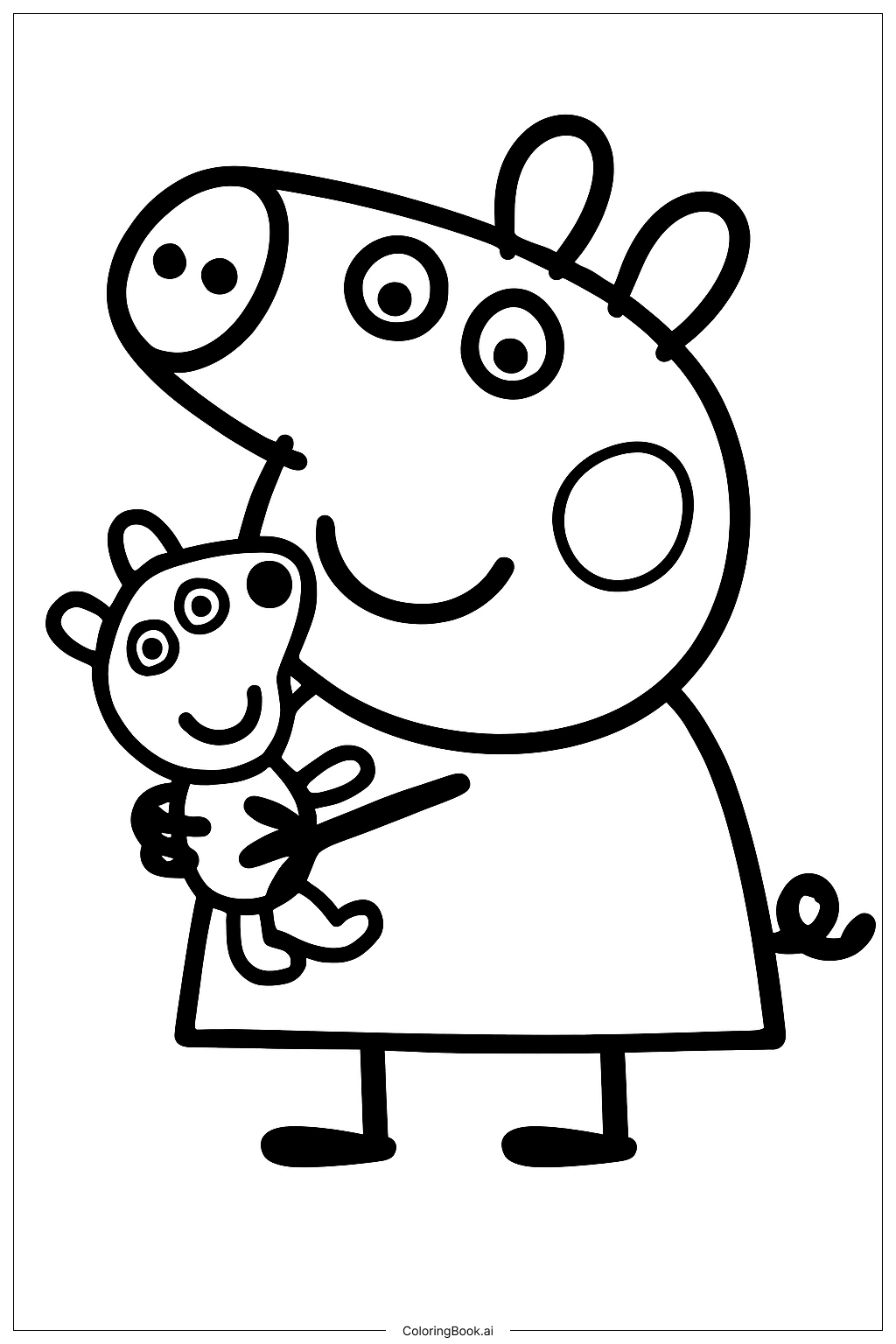  テディベアを抱えるペッパピッグの塗り絵ページ 