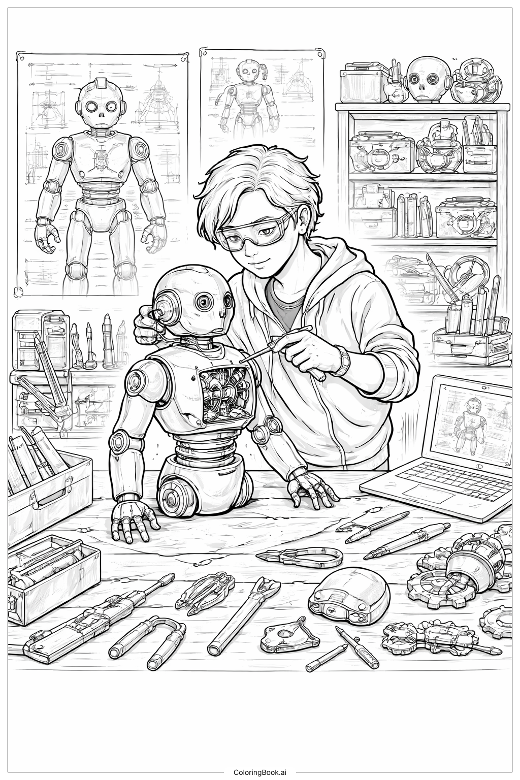  组装机器人的人填色页 