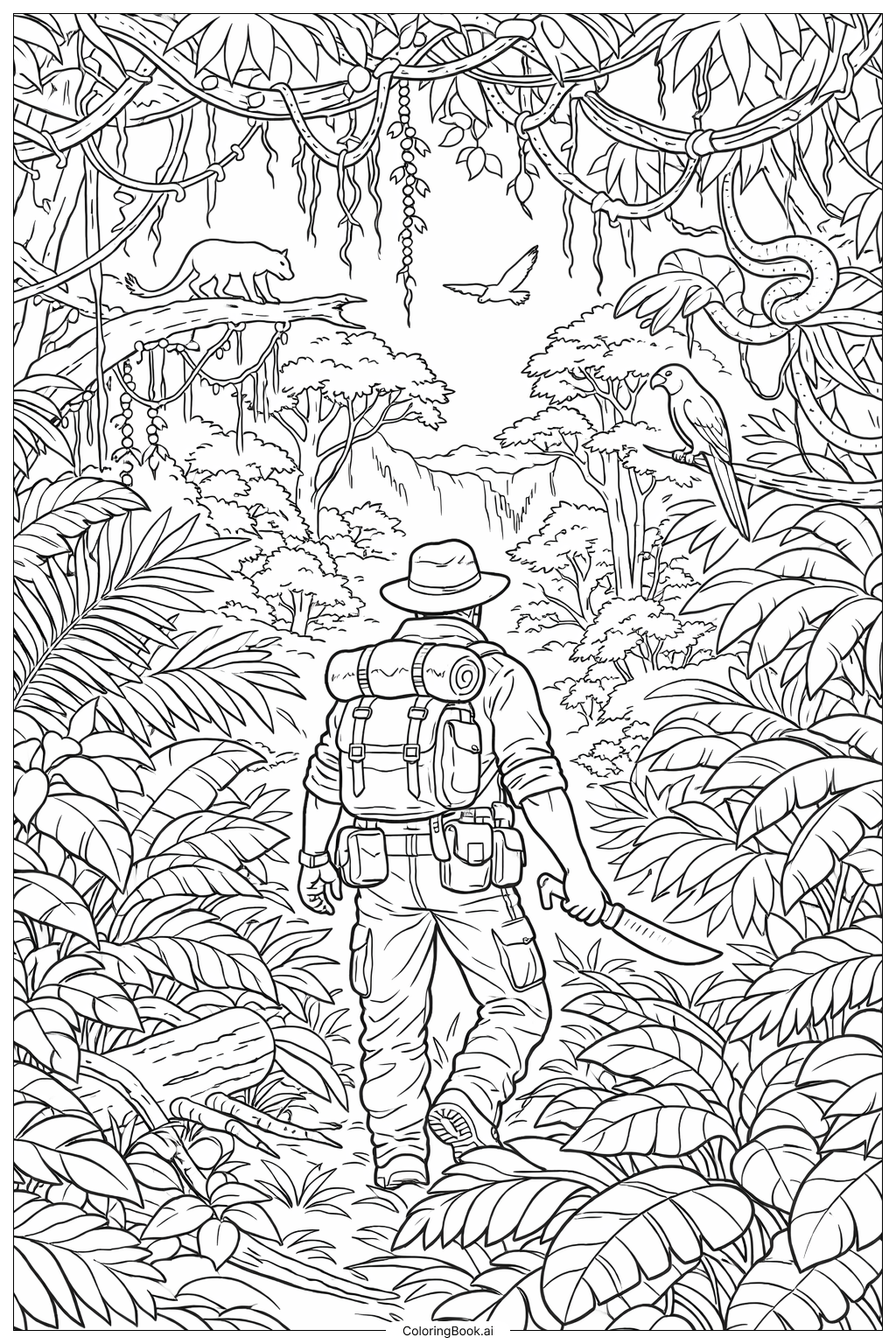  Person, die den Dschungel erkundet Ausmalseite 