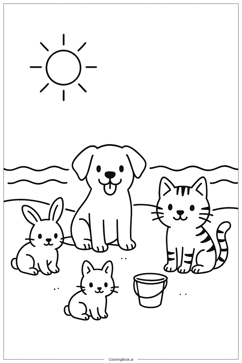 Página para colorear de Mascotas en la Playa