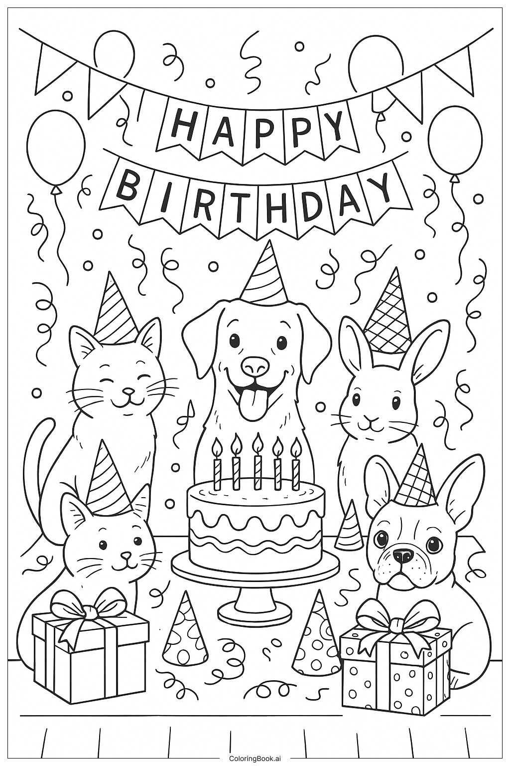 宠物的生日派对填色页