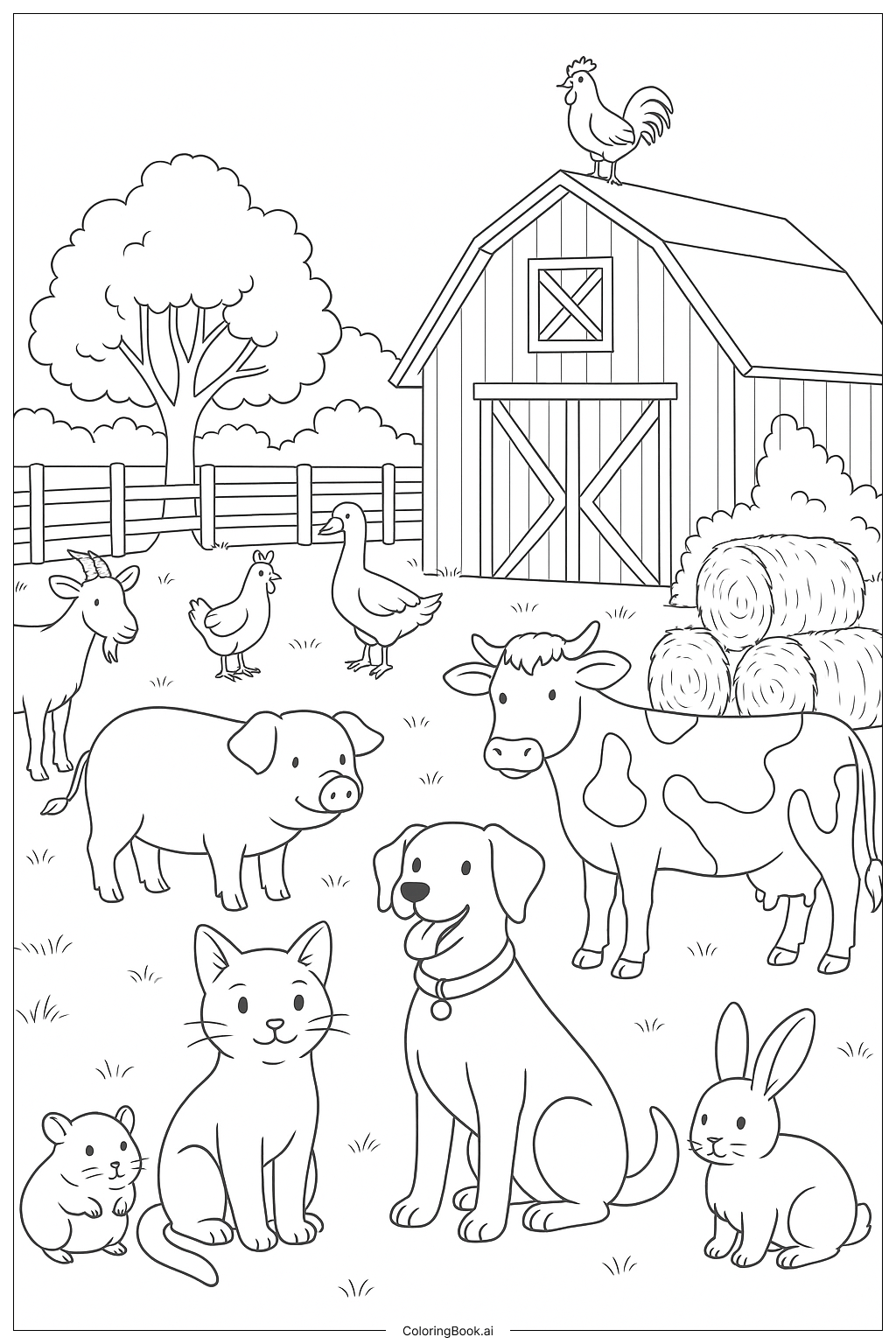 Página para colorear de Mascotas en la Escena de la Granja