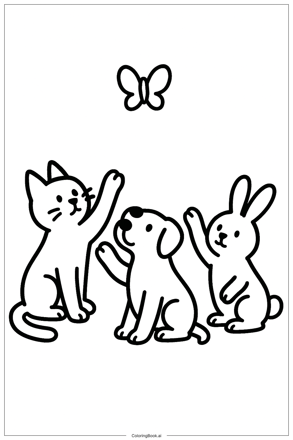 Página para colorear de Mascotas Persiguiendo una Mariposa