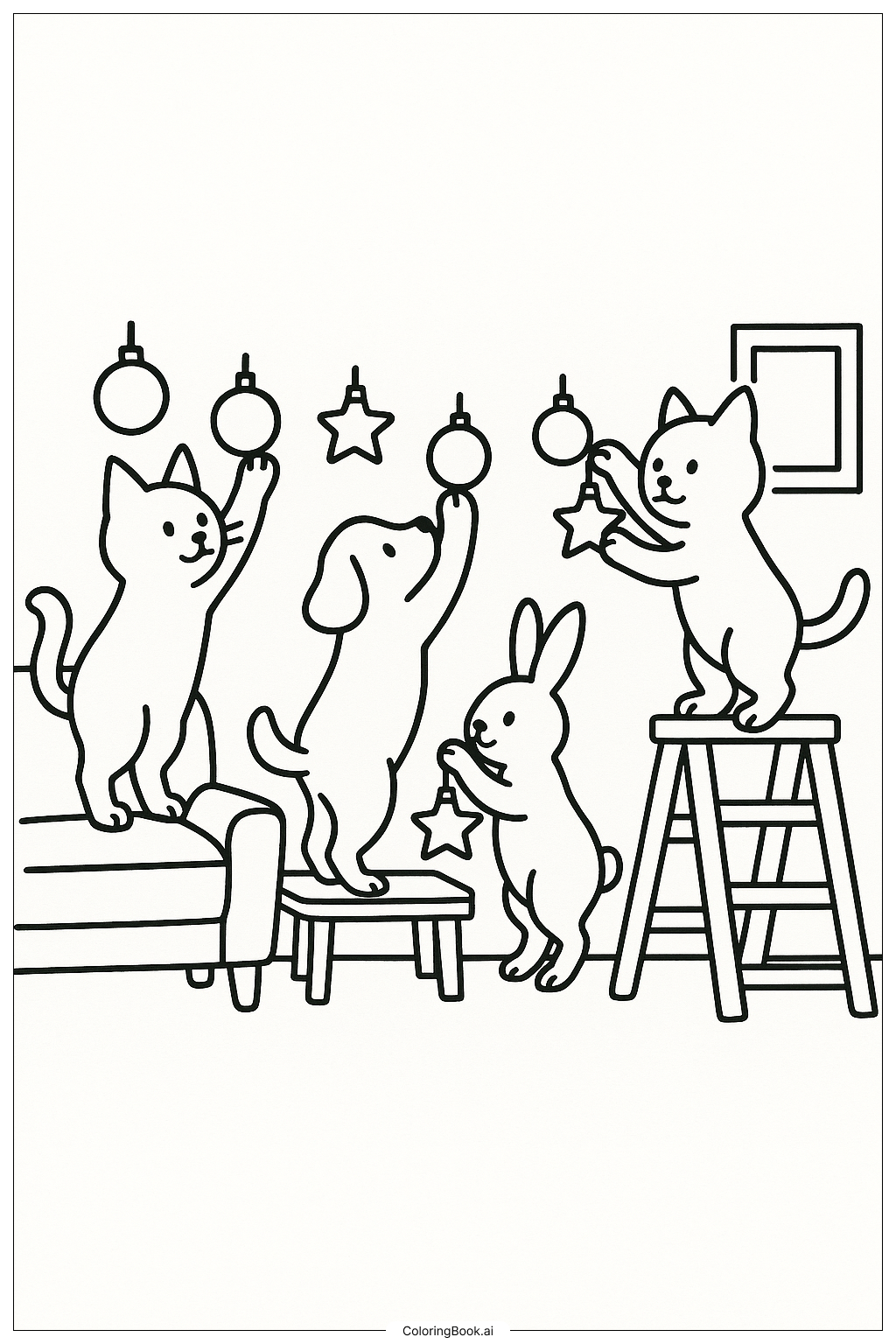Página para colorear de Mascotas decorando el hogar