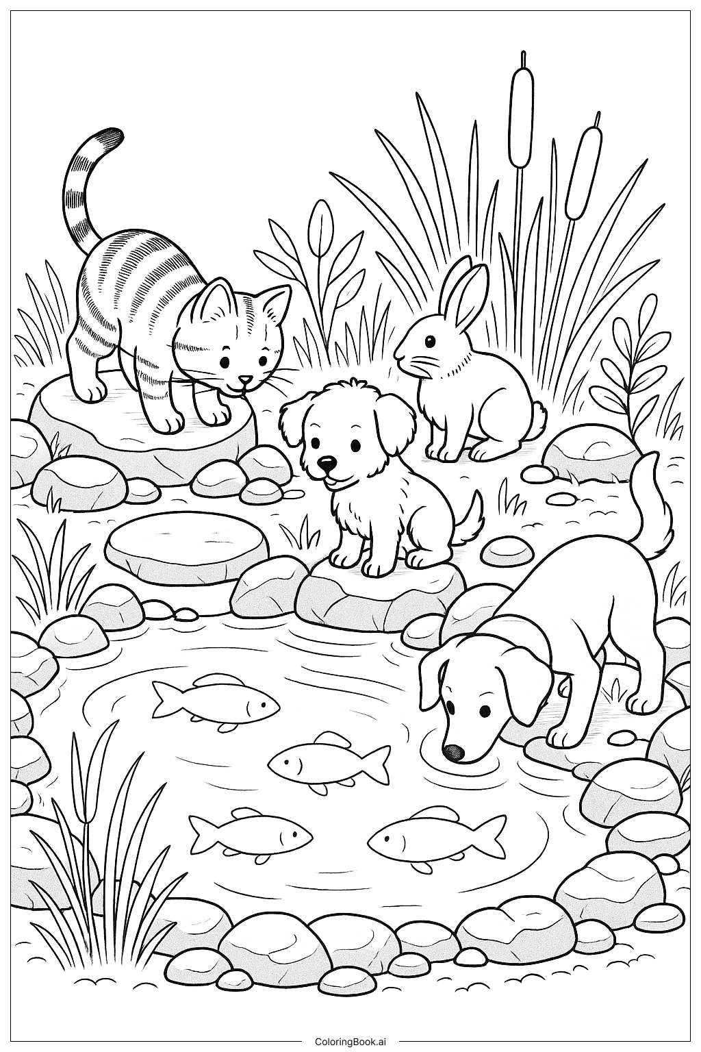 Página para colorear de Mascotas explorando el estanque trasero