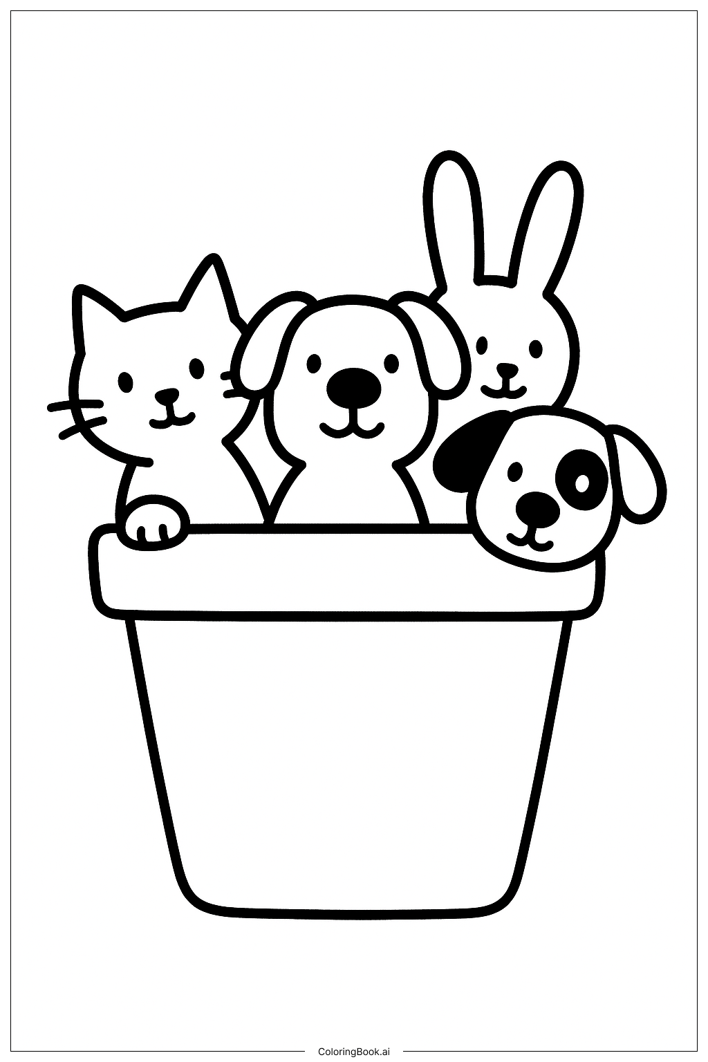 Página para colorear de Mascotas escondidas detrás de la planta