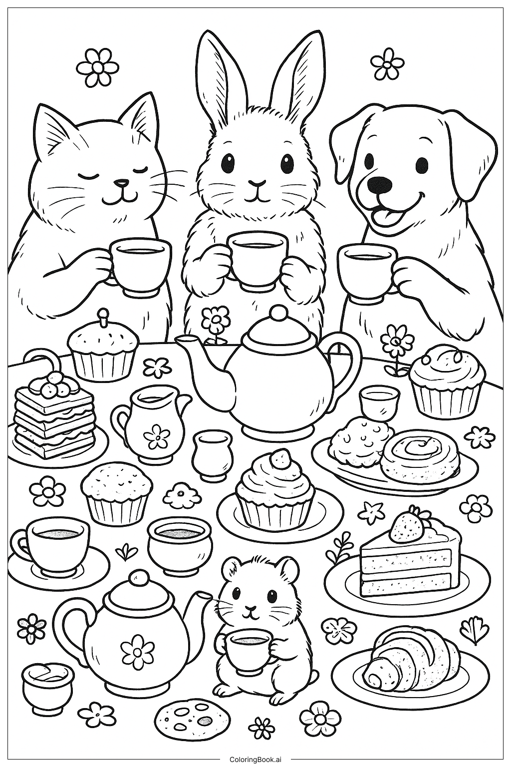 Página para colorear de Fiesta de Té de Mascotas
