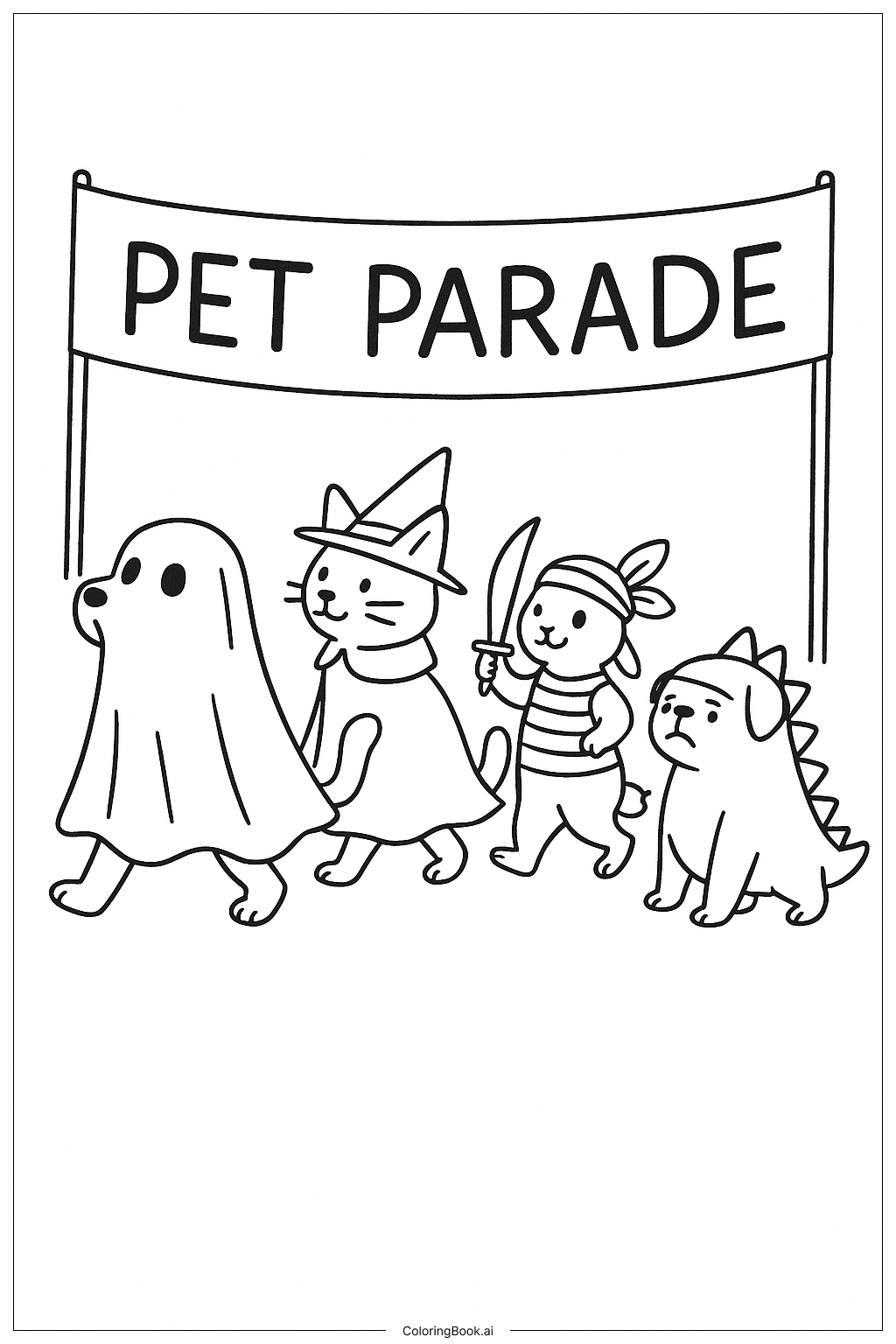 Página para colorear de Desfile de Mascotas con Disfraces