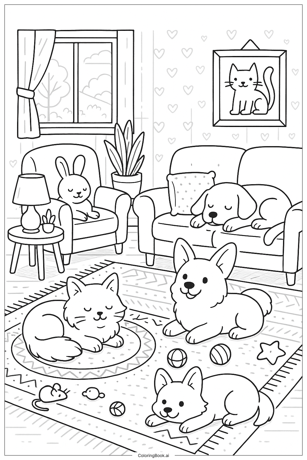  温馨客厅里的宠物们填色页 