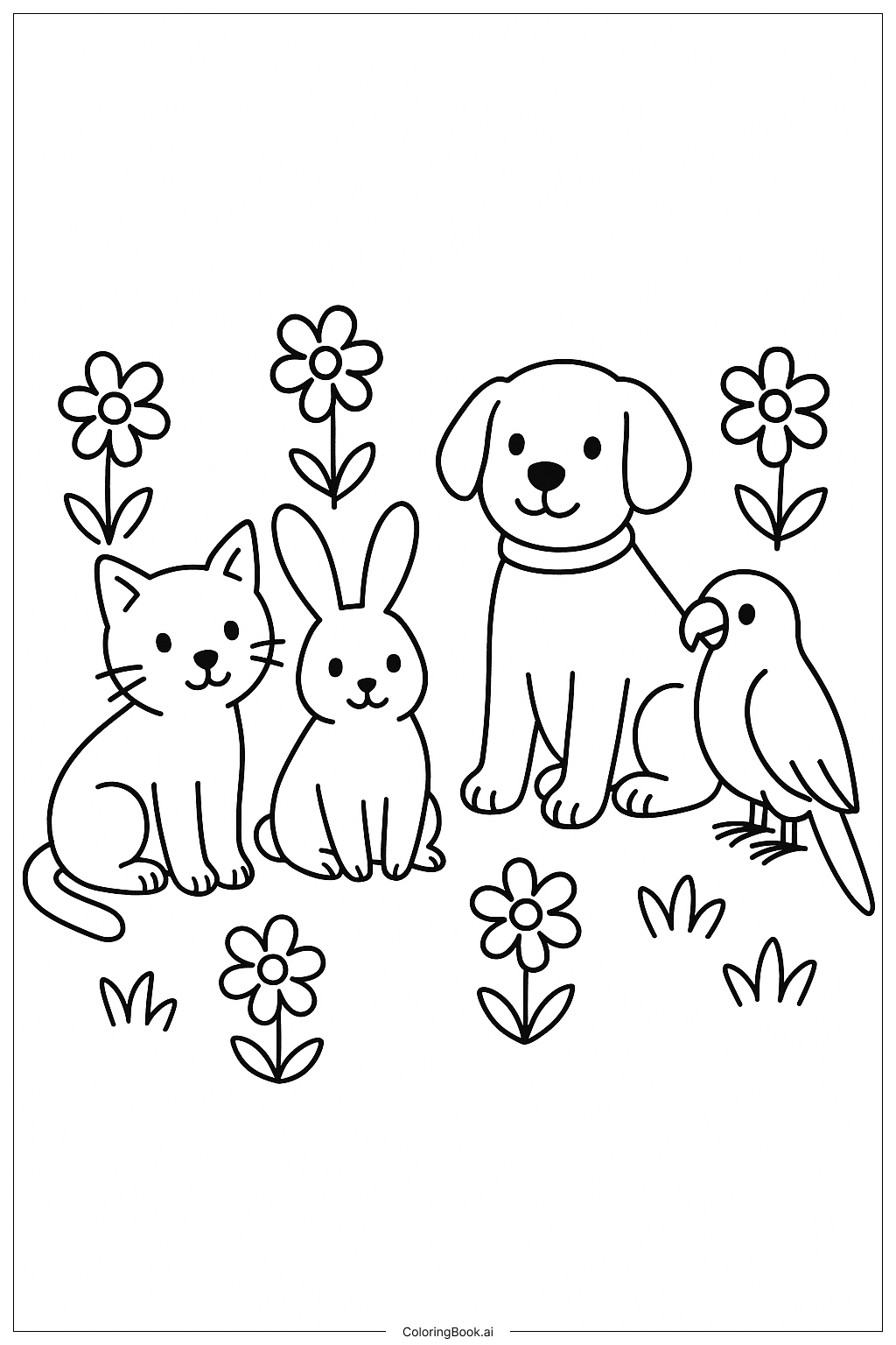 Página para colorear de Mascotas en el Jardín