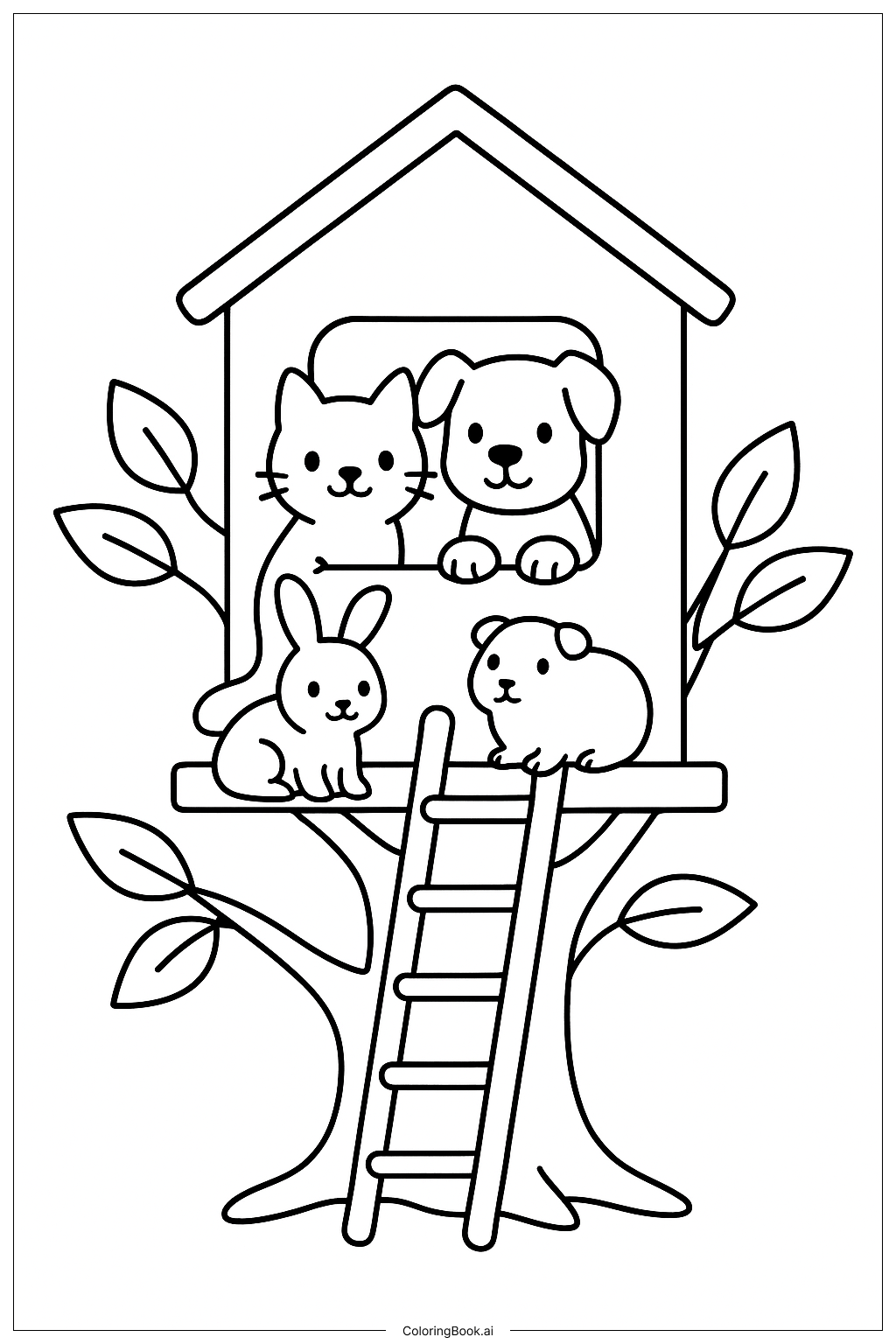 Página para colorear de Mascotas en la casa del árbol