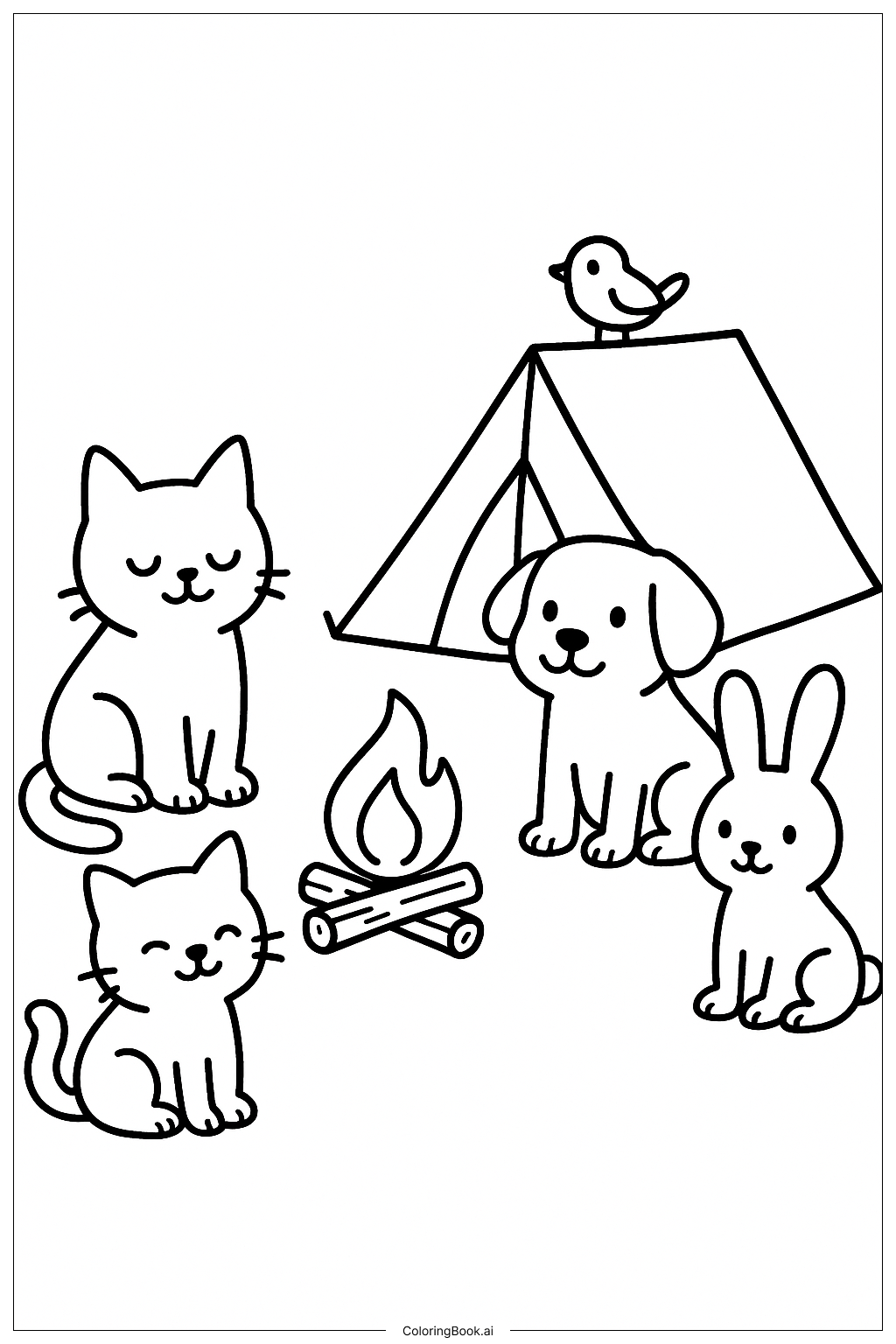 Página para colorear de Mascotas en una Excursión de Camping