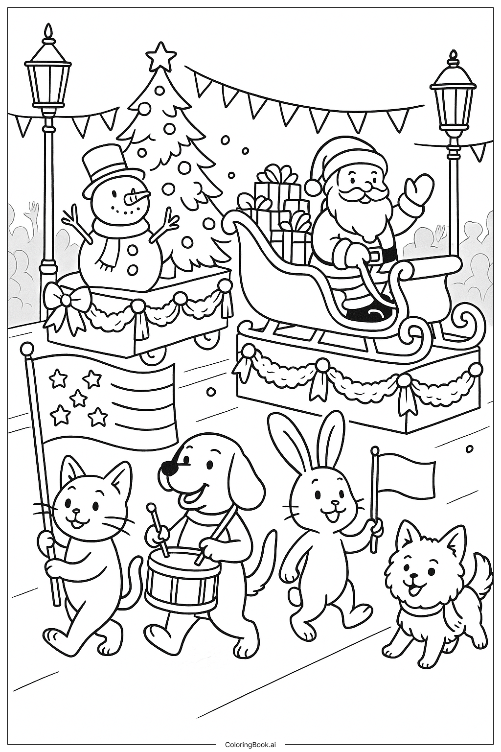 Página para colorear de Desfile de mascotas en vacaciones