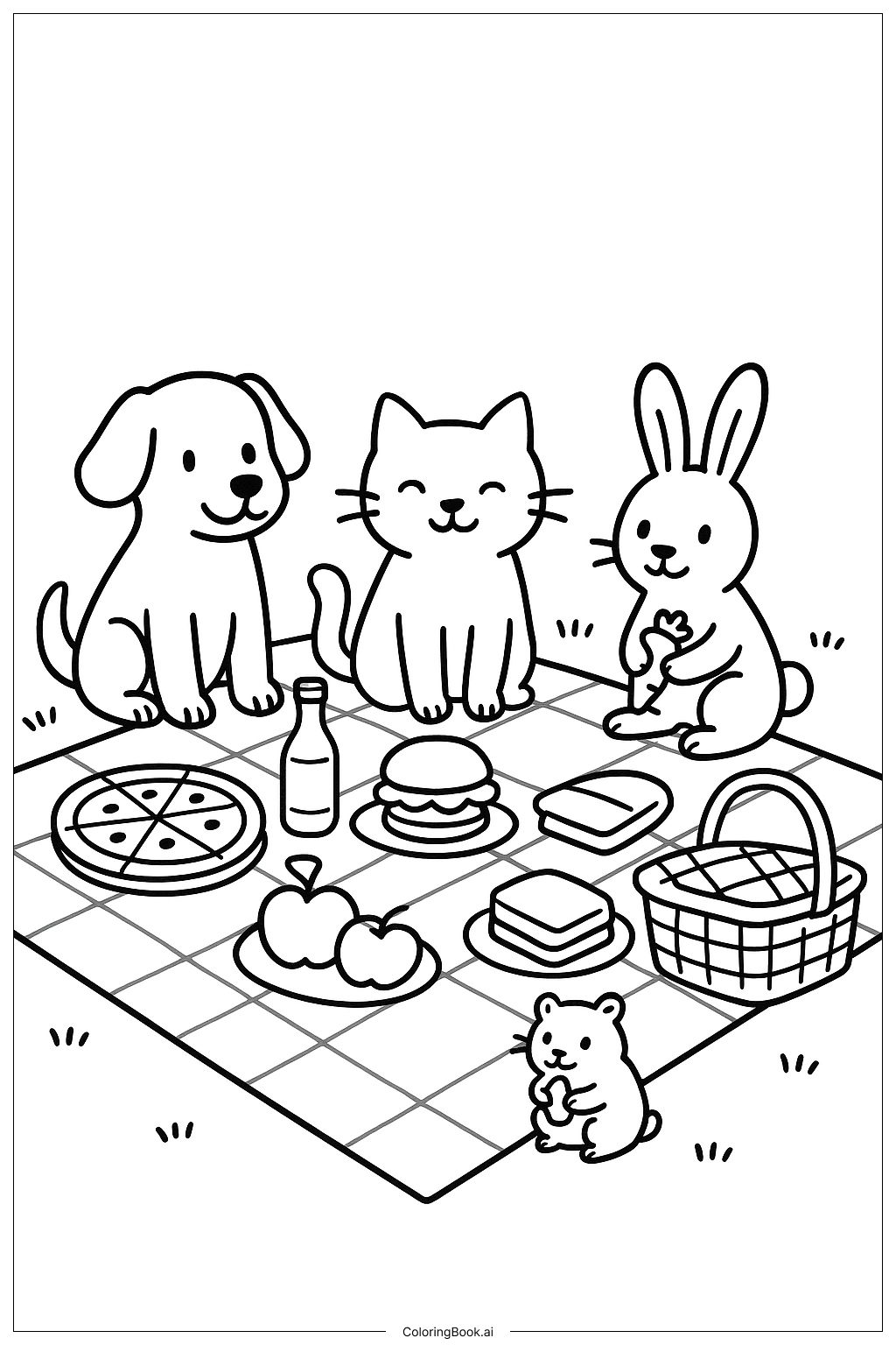 Página para colorear de Mascotas en el Picnic